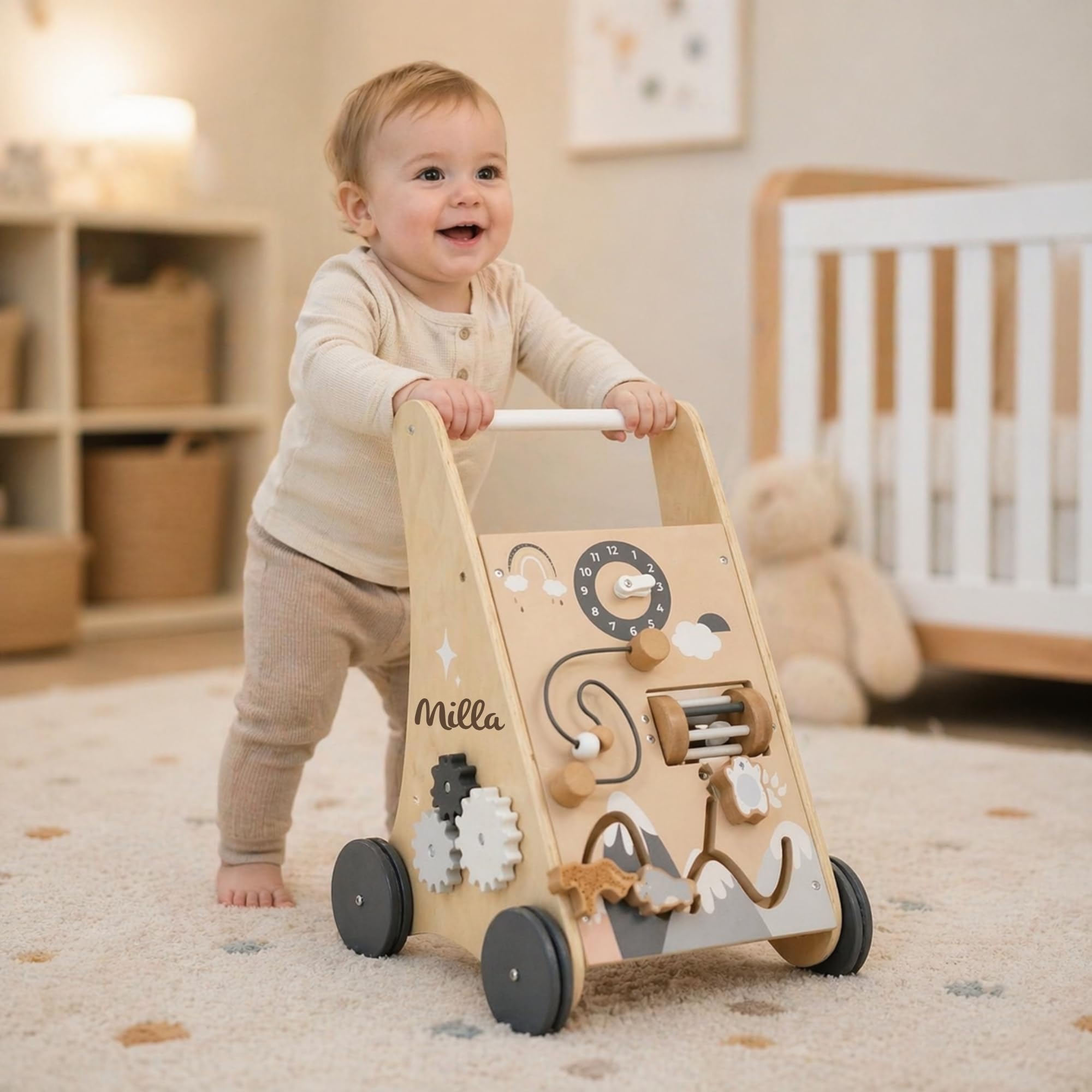 Personalisierter Lauflernwagen aus Holz mit Name – Sicherer Baby Schiebewagen für erste Schritte – Lauflernhilfe mit Bremse & Motorikspiel – Geschenk zum 1. Geburtstag für Mädchen & Jungen