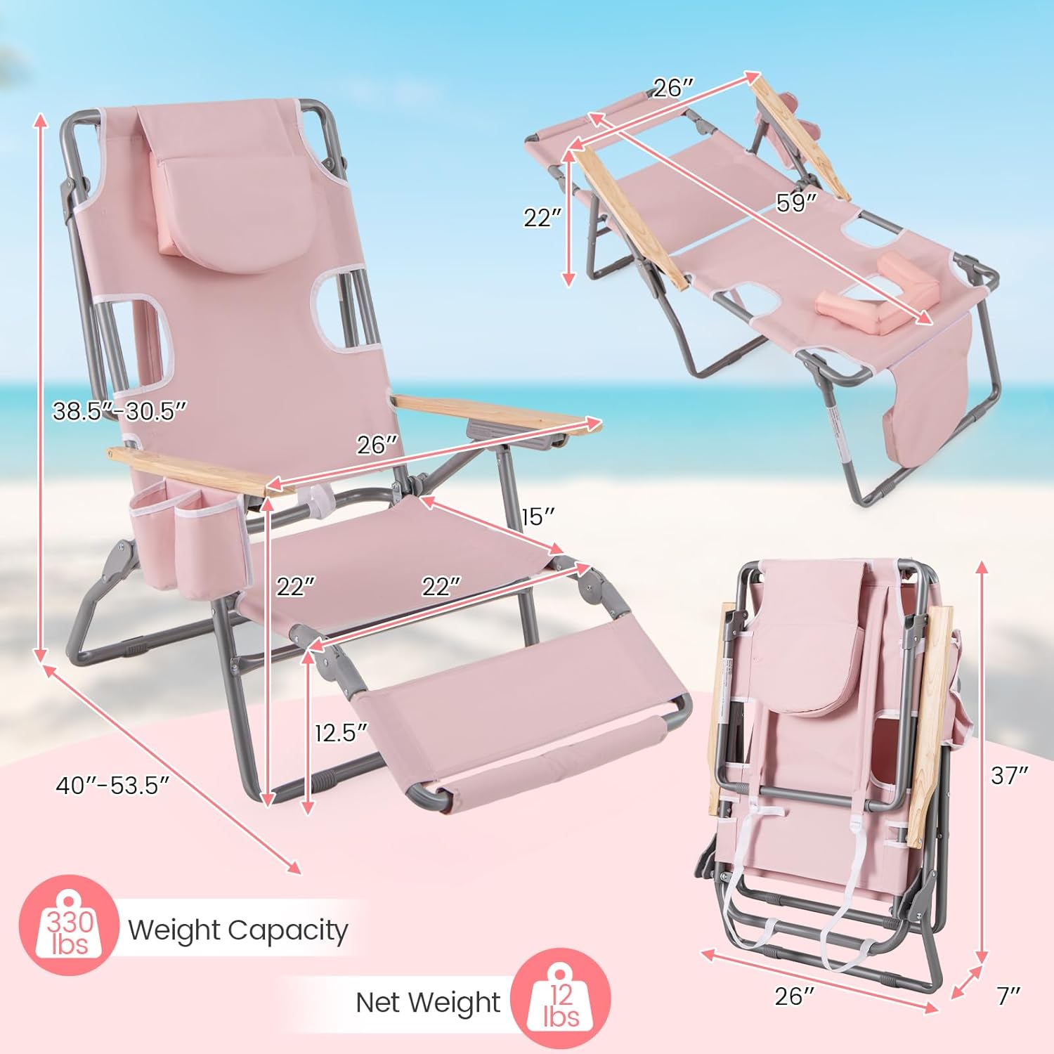 GYMAX Tanning Chairs, 3 in 1 Backpack Beach Lounger with Face/Arm Holes, Armrests, Cup Holders, 330 lbs Folding Portable Lounge Chairs for Outside, Patio, Poolside, Lawn (1,Carnation)