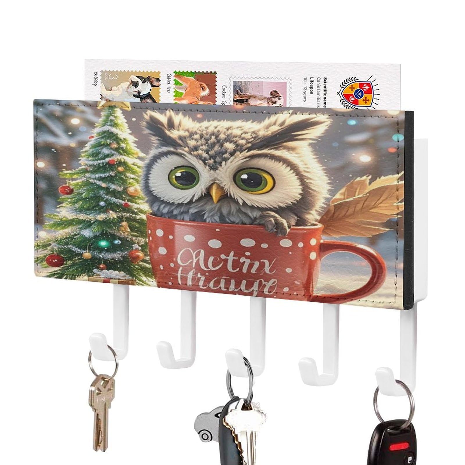 FekiLoot Owl Cup Key Holder for Wall Decorative Mail Organizer with 5 Key Hook Self Adhesive Key Rack with Tray Coat Rack Wall Mount Key Hanger Decor for Entryway Door