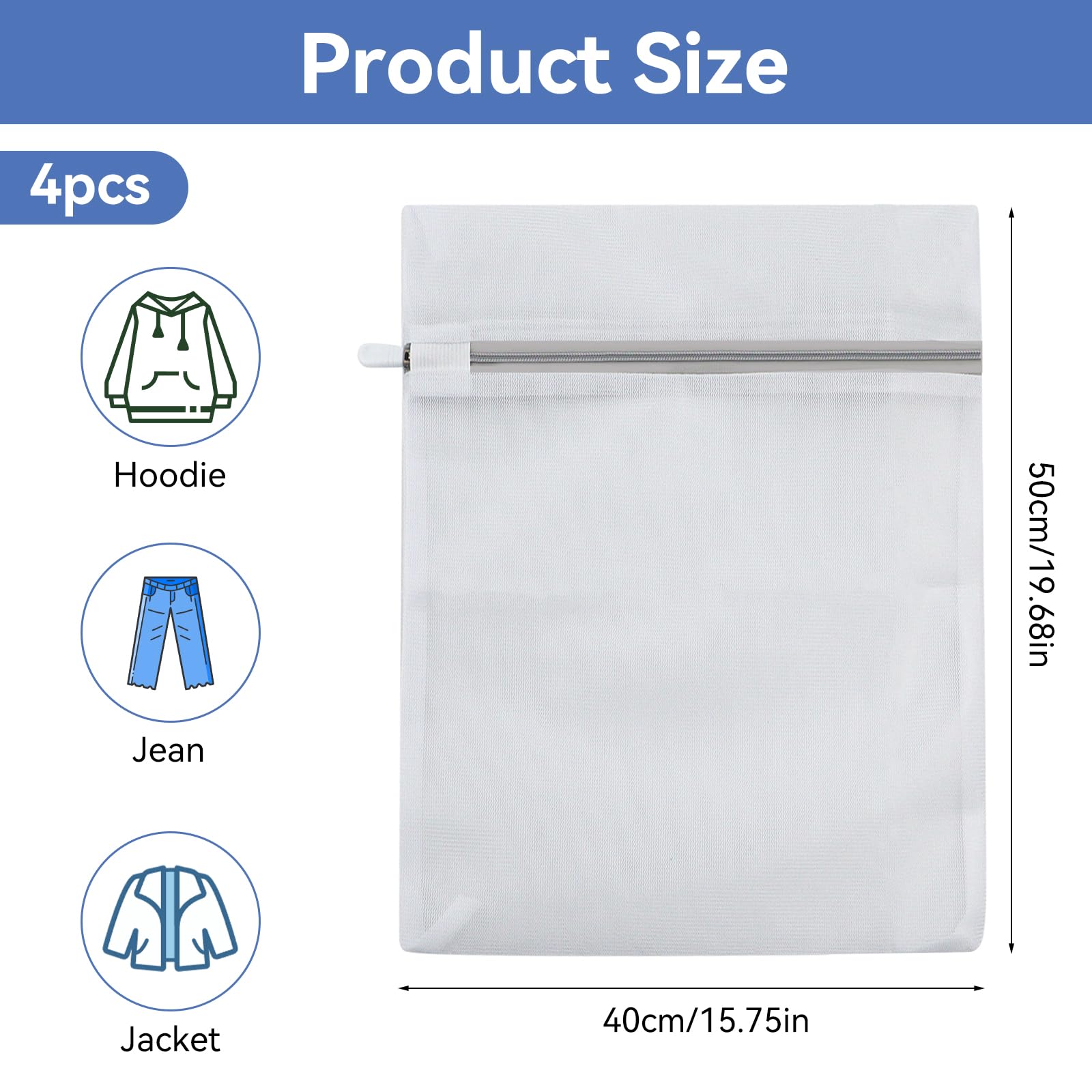 4er Set Wäschenetz für Waschmaschine mit Verdeckten Reißverschlüssen Ist Robust und Langlebig, Wäschesack Waschmaschine für Hemden, Bhs, Socken, Unterwäsche, Babykleidung (40 x 50cm) - 3