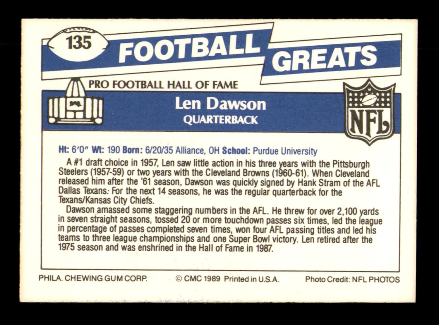 Len Dawson Autographed 1989 Swell Football Card #135 SKU #242142