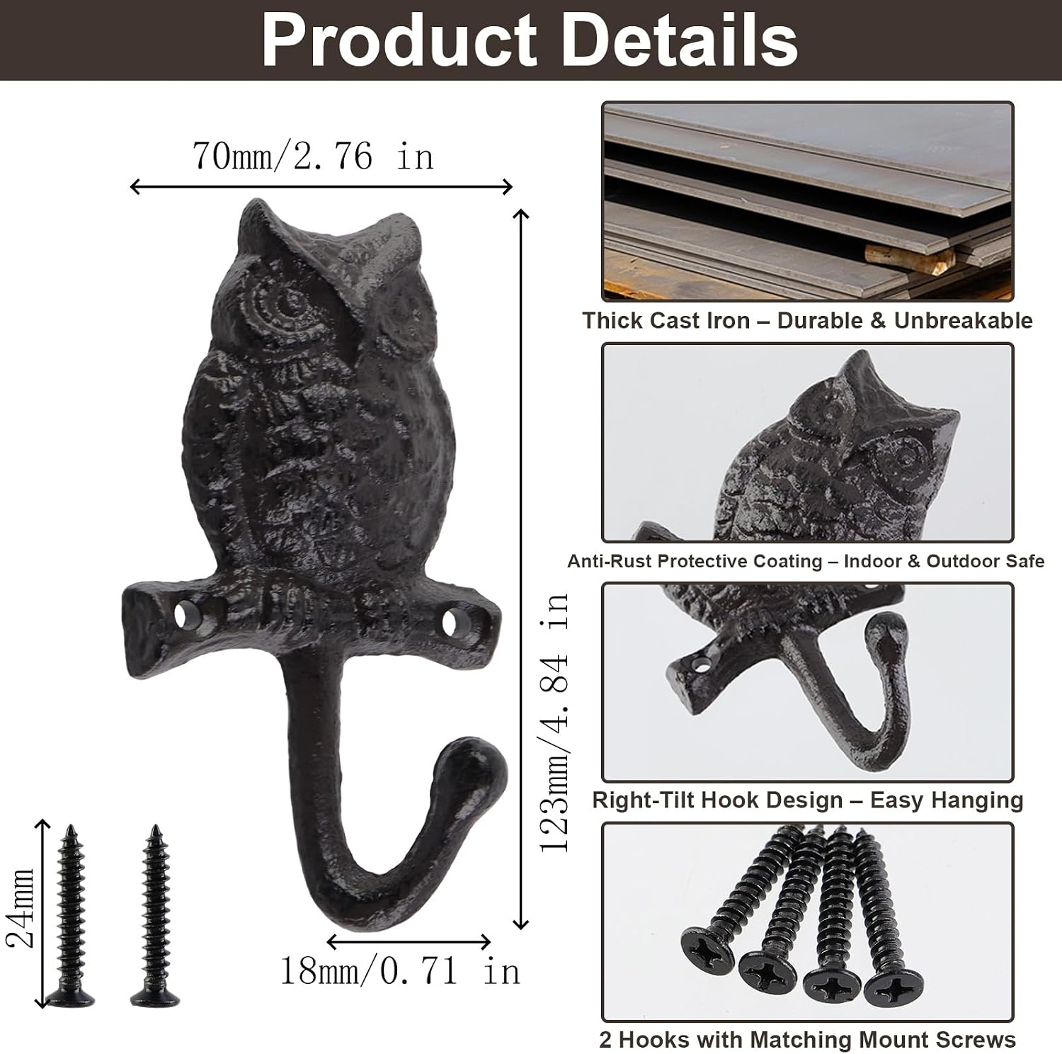 KUMGROT 2Pcs Cast Iron Owl Wall Hook Retro Animal Decor Hanging Holder image 2