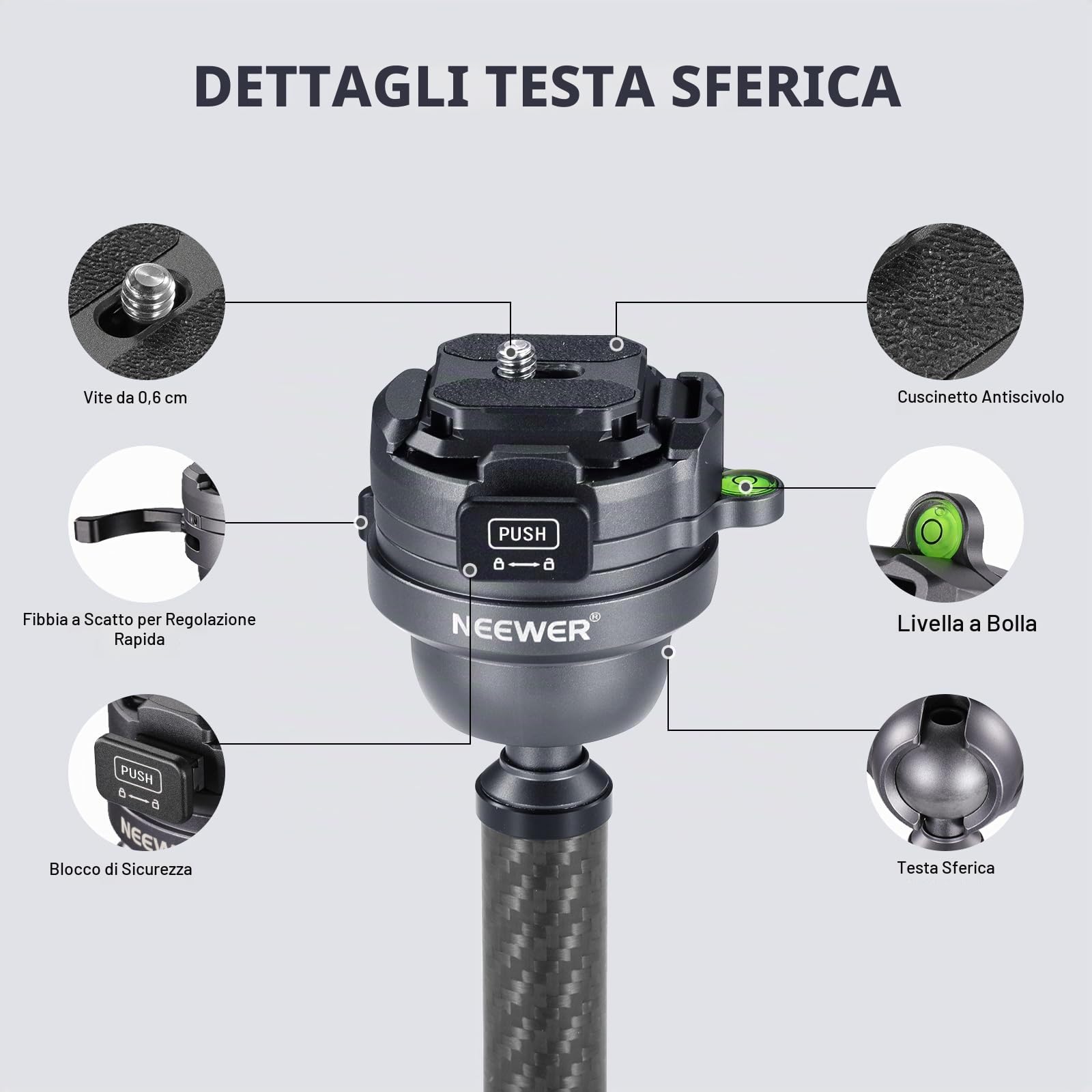 NEEWER Treppiede da Viaggio 62" Fibra di Carbonio con Livellamento ±15°Testa Pan 360°, Colonna Centrale Staccabile, Rilascio Rapido Arca Compatibile con Peak Design Piastra Treppiede Capture V3,TP62