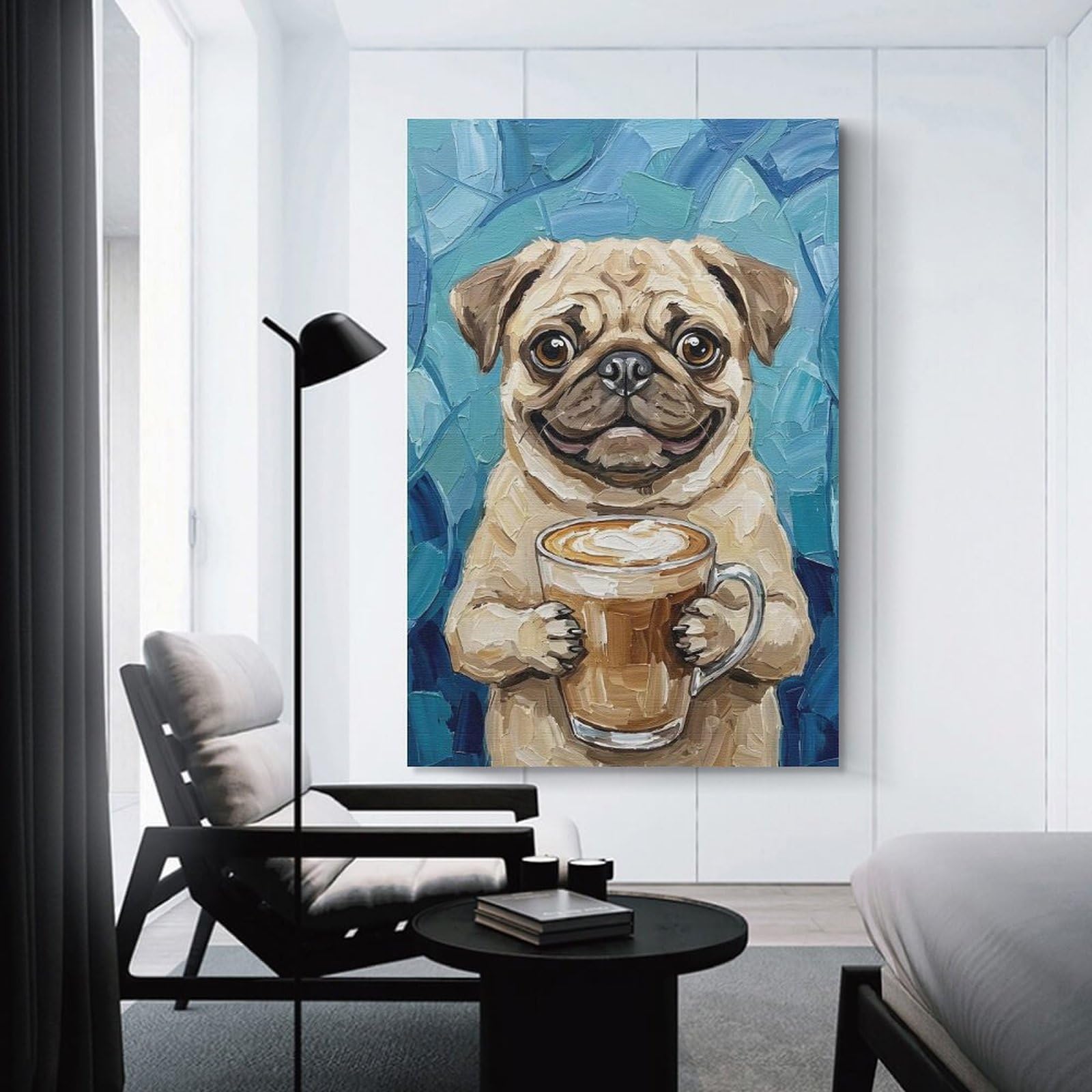 Junmoney Pug with Coffee Canvas Wall Decor, 12x18inch(30x45cm), for Home Walls, Creative Rooms Or Shared Spaces, Stylish Home Artwork for Focal Walls