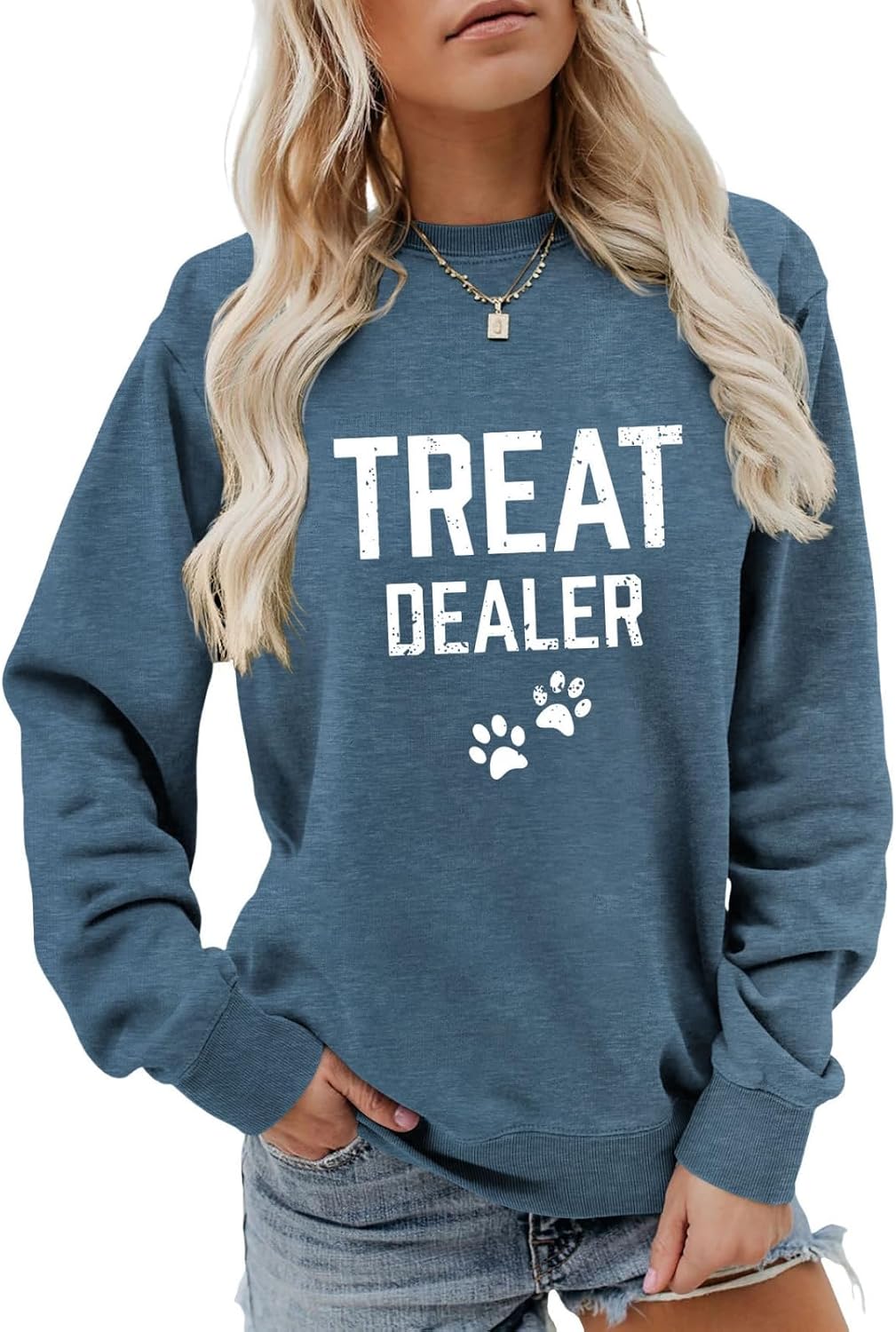 Treat Dealer Sweatshirt Women Dog Paw Print Graphic Shirt Funny Humor Dog Mom Shirt Long Sleeve Crewneck Tops