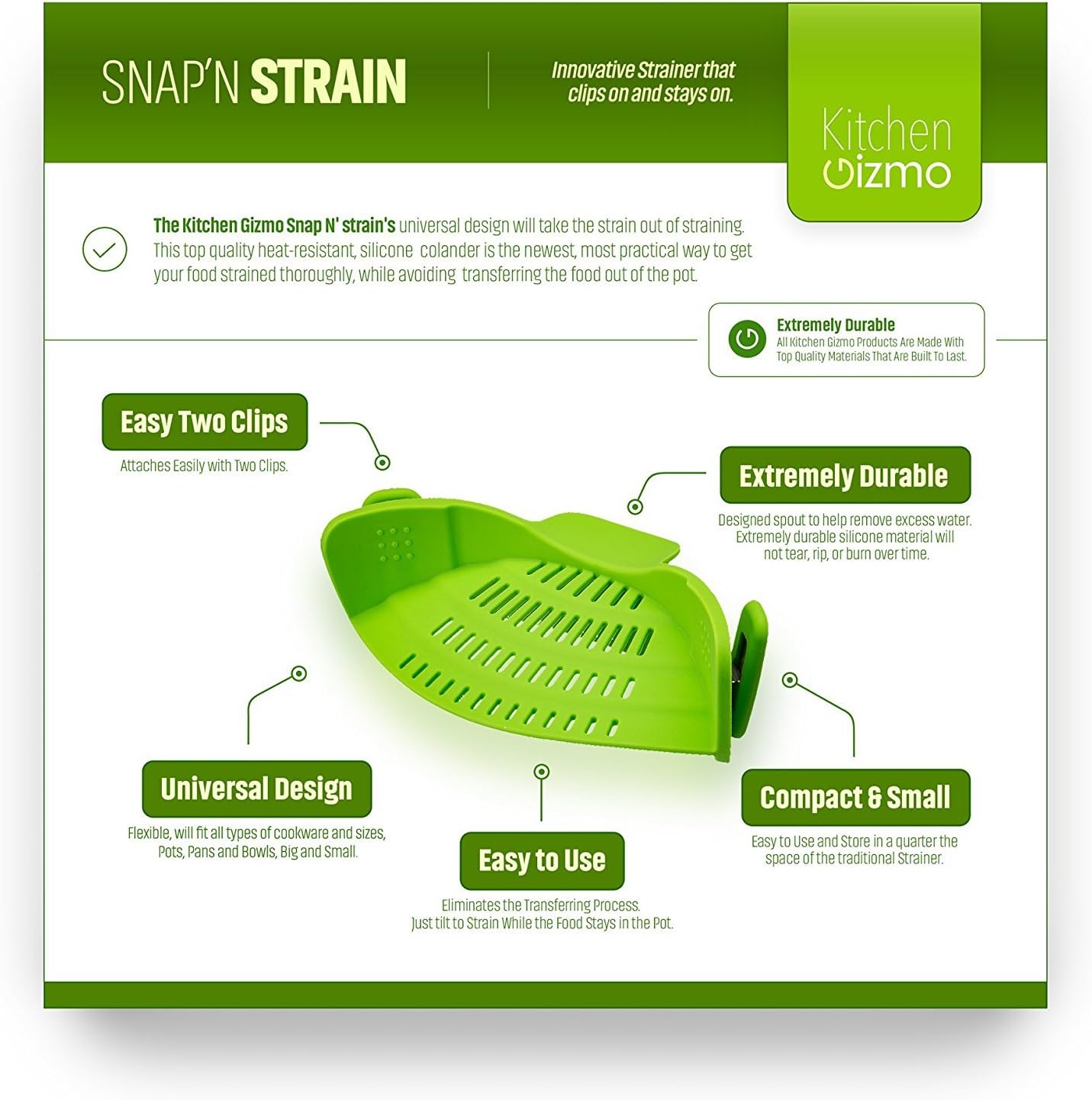 Kitchen Gizmo Snap N Strain Strainer, Clip On Silicone Colander, Fits all Pots and Bowls - Lime Green: Kitchen & Dining