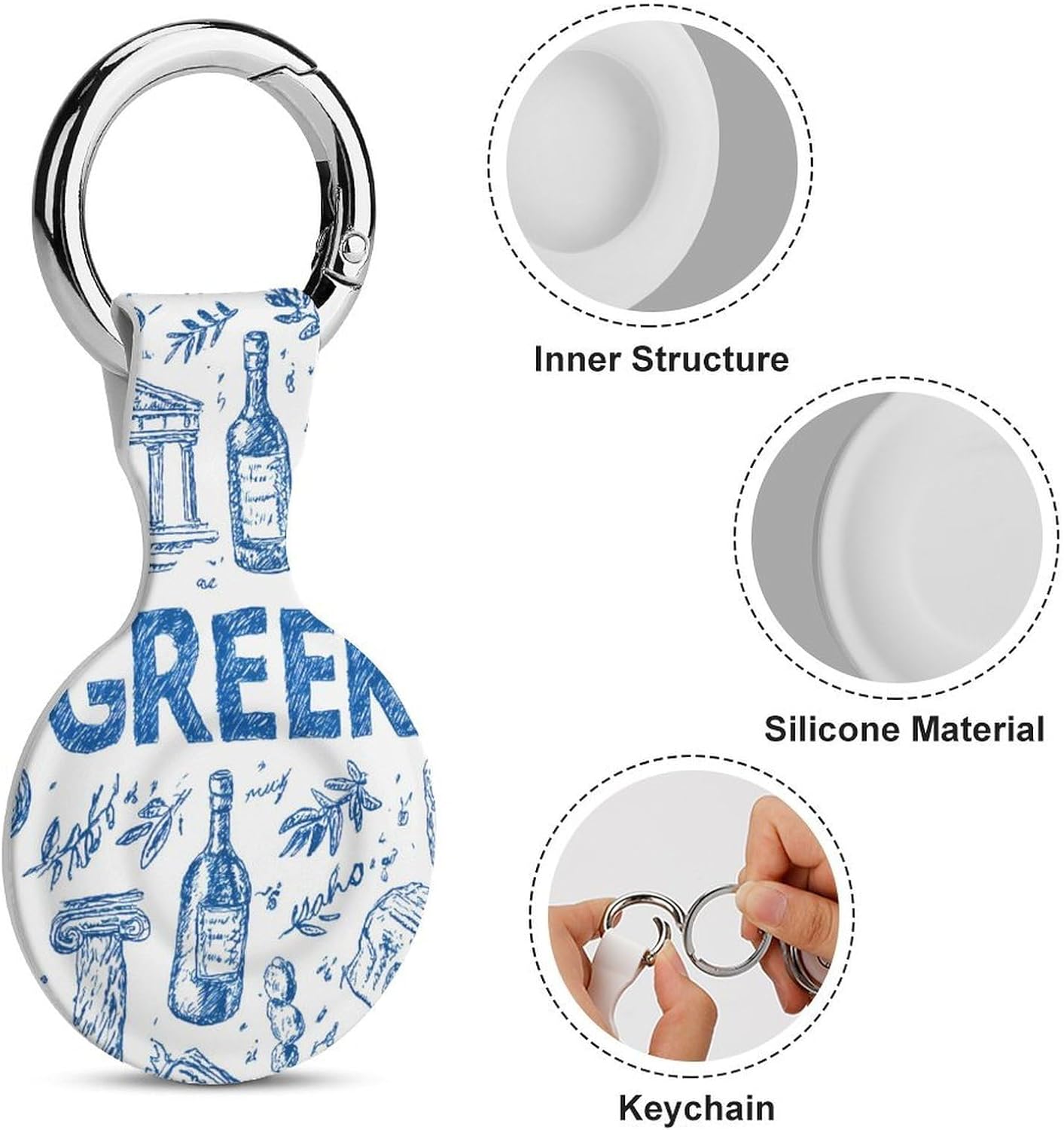 Greek Symbols Olive Wine Bottle Case Compatible with AirTag Holder Cover with Keychain Ring for Bags Luggages