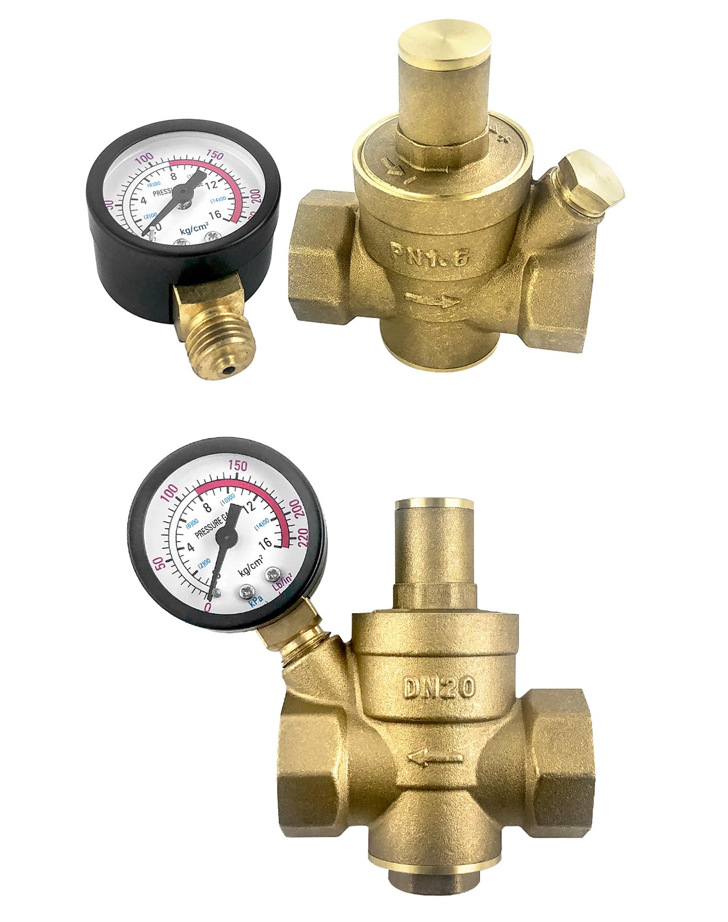 QWORK® 2 pièces DN20 reducteur de pression d'eau en laiton avec manomètre de soupape de réduction de pression réglable