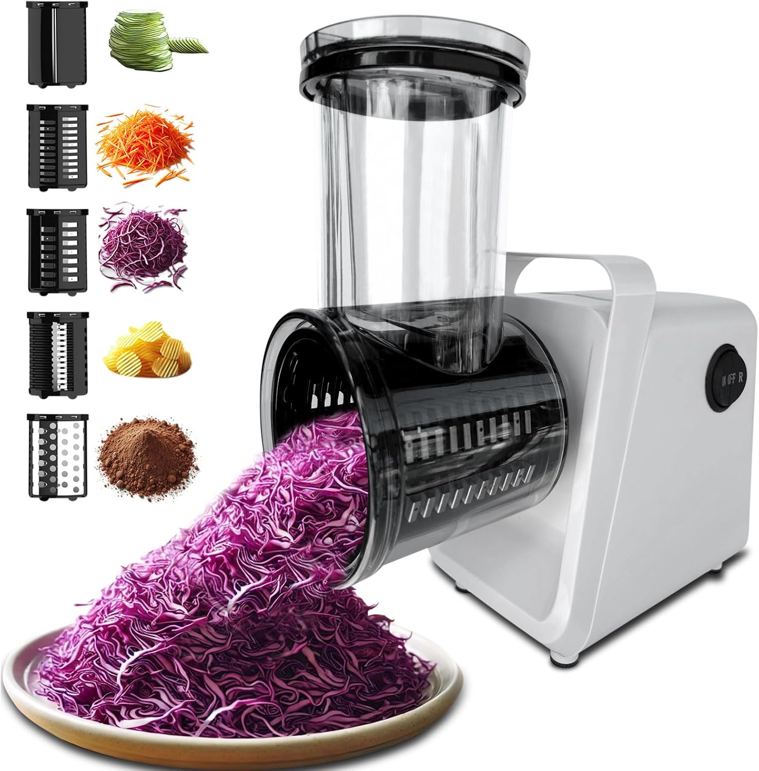Electric Cheese Grater Salad Maker 300W Electric Vegetable Slicer Shredder Chopper for Fruits with 5 Different Shapes of Stainless Steel Blades Stainless Steel Food Cutter for Vegetables and Cheeses