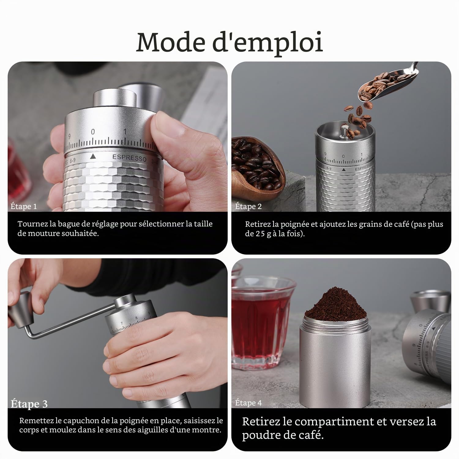 HC03 Moulin à café manuel 7 étoiles en acier inoxydable 440 plaqué titane, réglages de broyage externes simples et réglables pour expresso vers presse française, moulin à café entièrement en