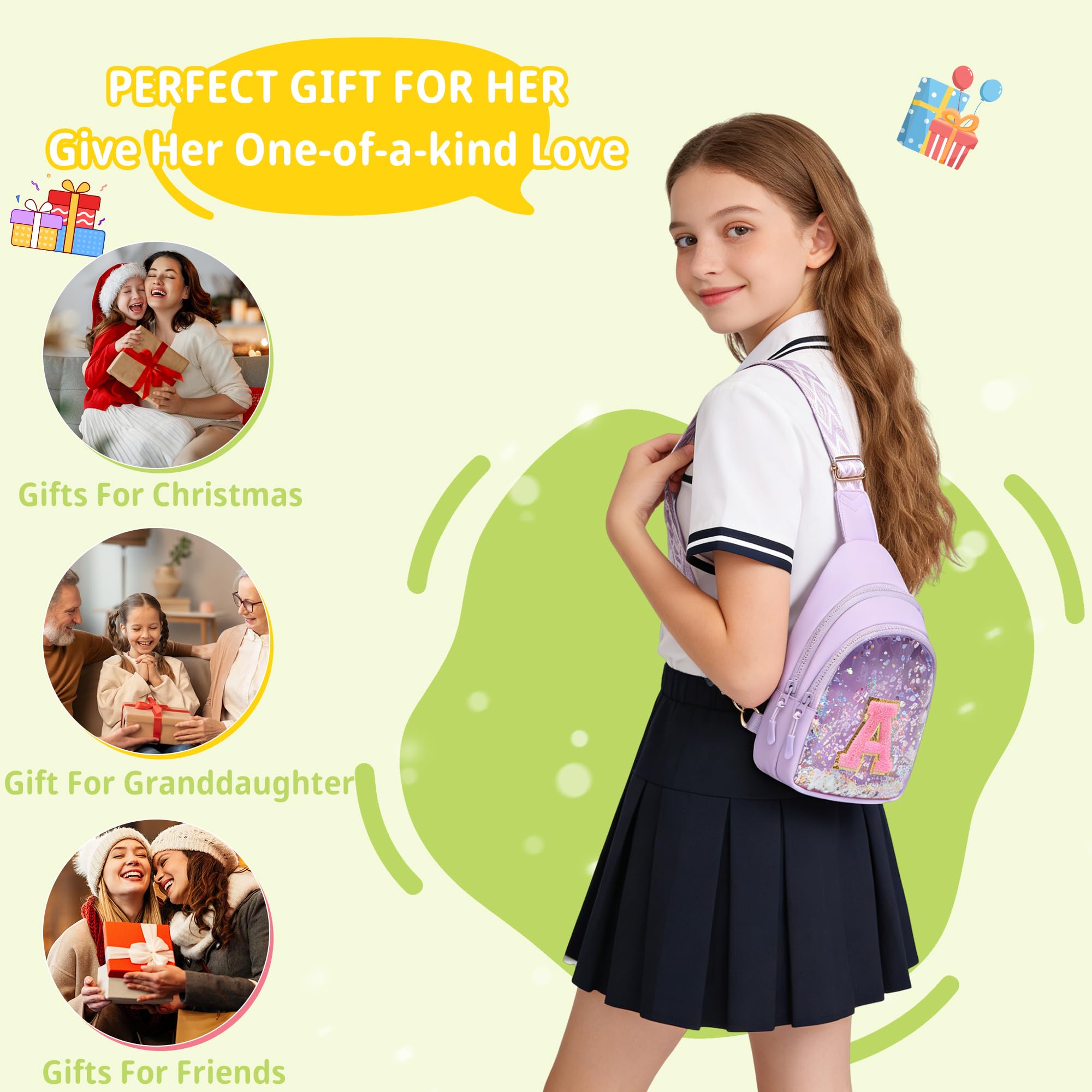 I IHAYNER Clear Initial Sling Bag for Gilrs Crossbody Bag Waist Pack Personalized Gifts for 4 5 6 7 8 9 10 11 12 13 Year Old Girls Purse for Birthday Mothers Day Gifts for Daughter Sister （Purple-A）
