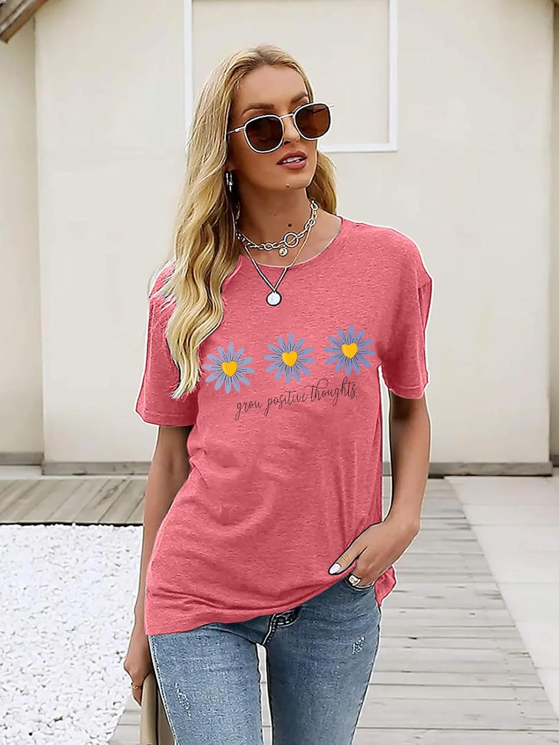 Casual Floral Daisy Inspired Blouse for Women, Comfortable Short Sleeve Shirt with Positive Thoughts - Image 3