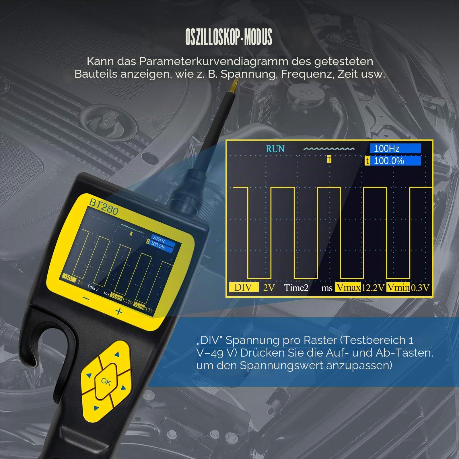 AUTOOL BT280 Schaltkreis Tester für elektrische Systeme, Werkzeuge für elektronische Systeme in Kraftfahrzeugen, Diagnosewerkzeug für elektrische Systeme mit 9 V bis 30 V und 2,4-Zoll-LCD-Display