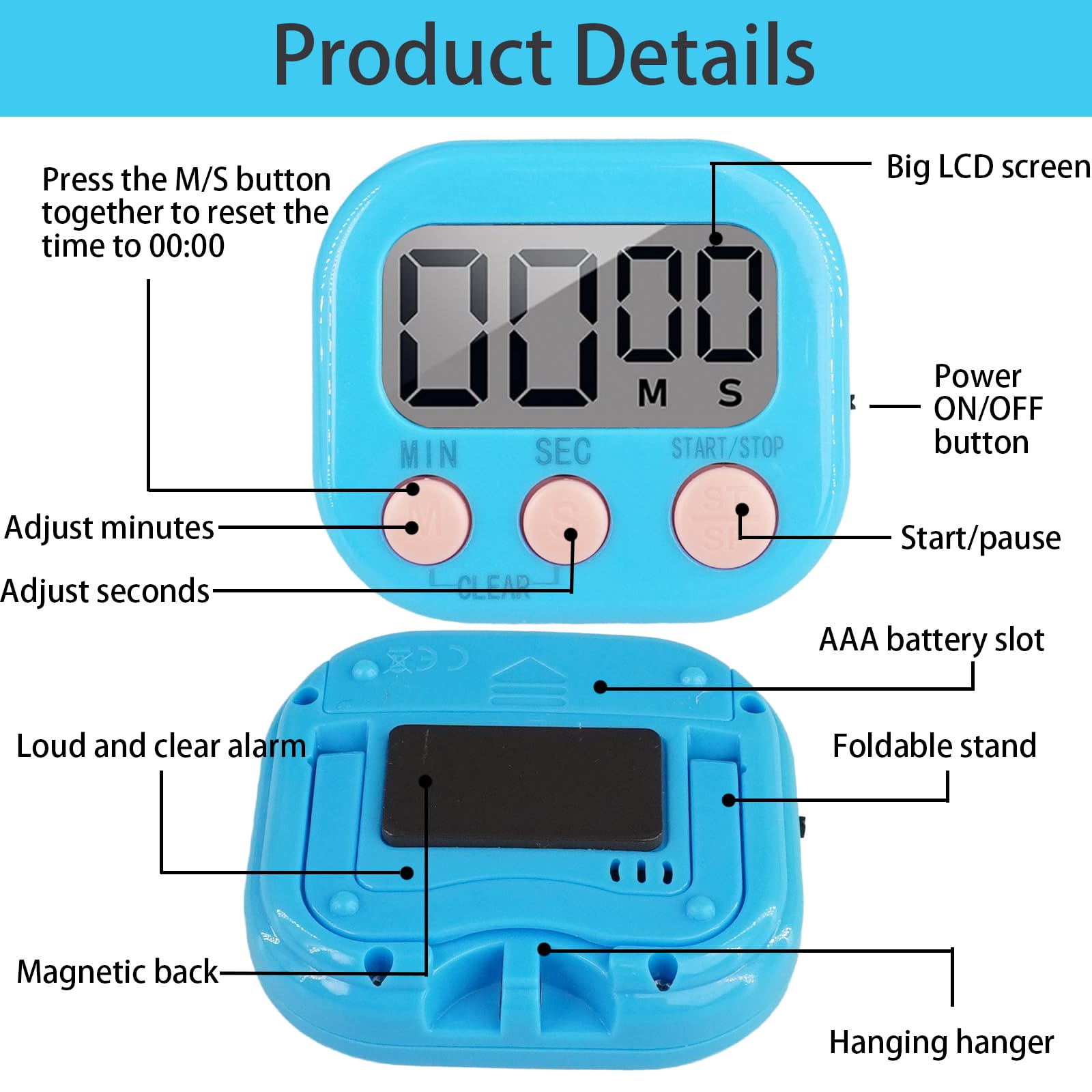 32 piccoli timer digitali da cucina con cifre grandi, timer magnetico, conto alla rovescia, cronometro, allarme forte, batteria non inclusa, per giochi sportivi, ufficio, cottura (8 colori)
