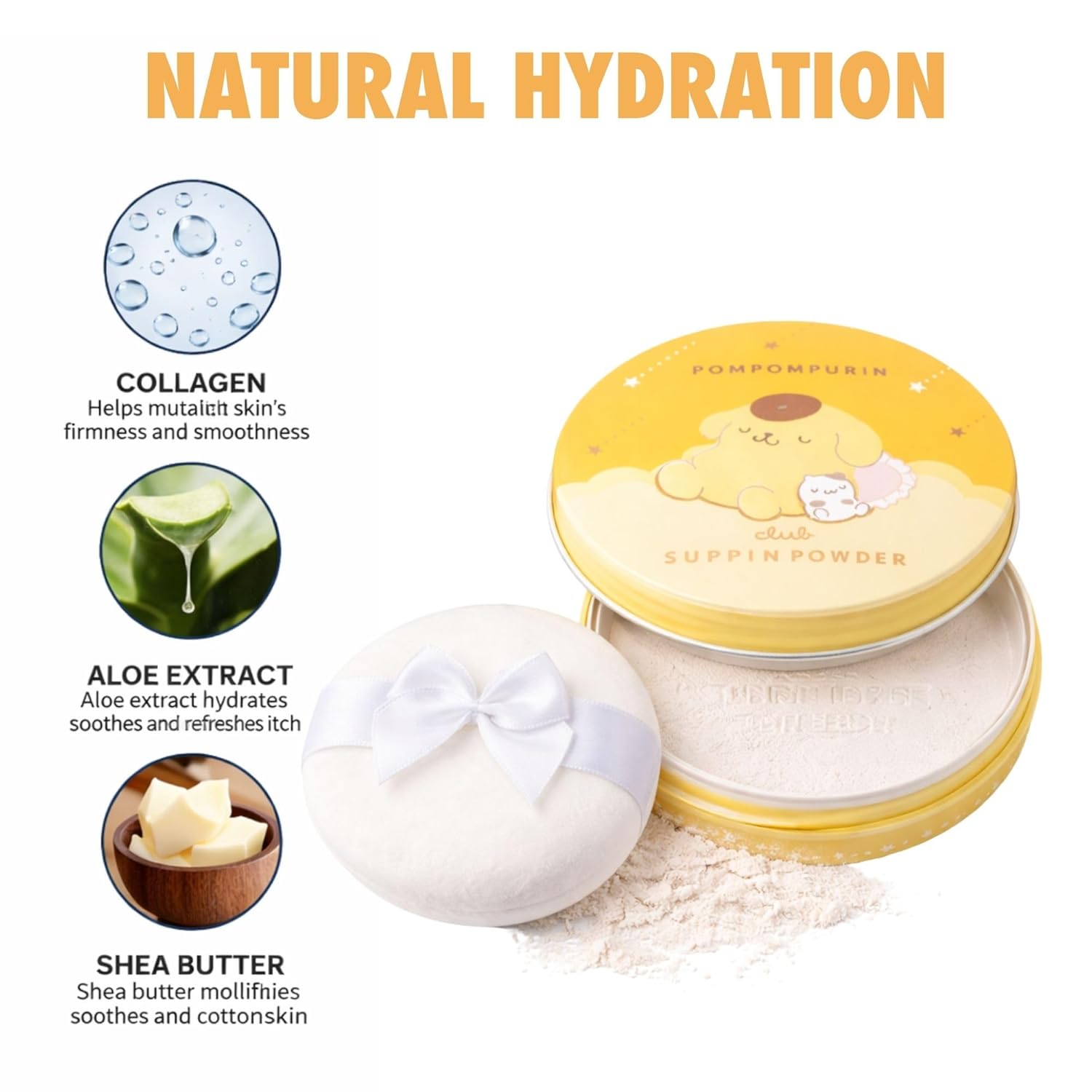 Club Suppin Translucent Setting Powder Makeup Foundation, Loose Pressed Powder, Hydrating Face Finishing Powder by Shea Butter& Aloe Vera, Long Lasting Overnight Japanese Skincare | Sanrio Ponponpurin