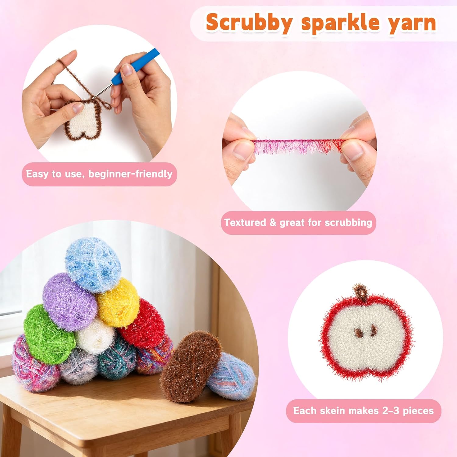 Coopay Scrubby Yarn for Dishcloths - 12 Skeins of 50g/1.76oz - 109 Yards - Polyester Sparkle Yarn for Crocheting & Knitting, Multicolor Scrubby Yarn with Step-by-Step Video Tutorials for Dishcloths