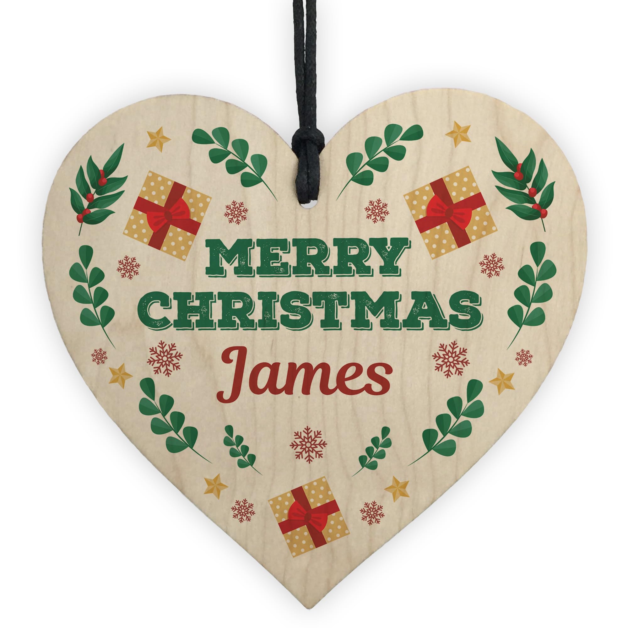 Red Ocean Merry Christmas Personalised Friends Family Colleagues Gift Wooden Heart Decoration, Secret Santa Gifts For Colleagues Friends, Personalised Gift Tag For Son Daughter Mum Dad (Design 7)