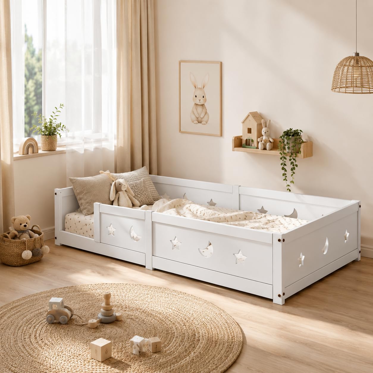 Letto per bambini, 120 x 200 cm, con protezione anti-caduta, letto Montessori con rete a doghe per ragazze e ragazzi, in legno di pino massiccio, motivo a stelle e luna, bianco