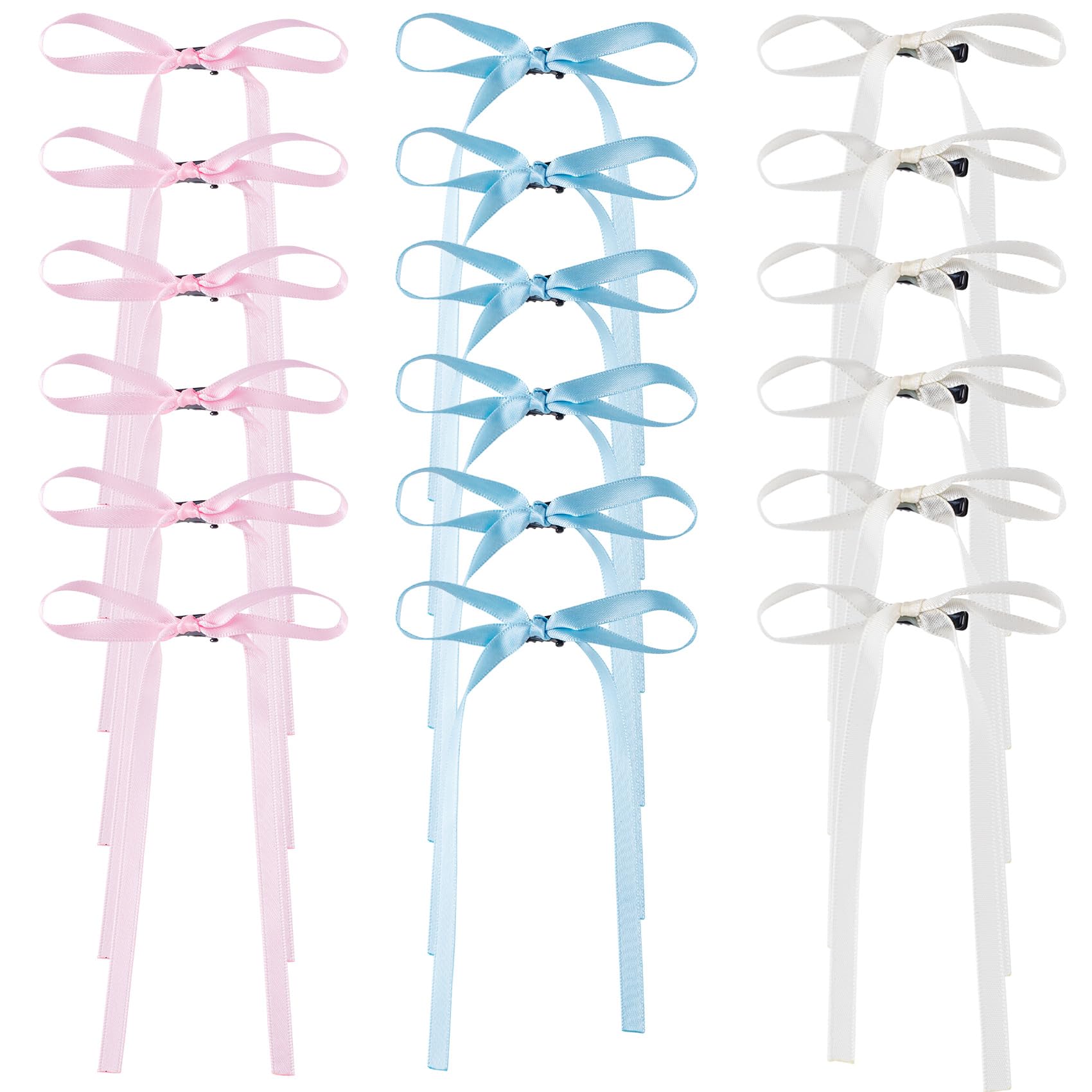 18Pcs 3.93inch Pink Bow Hair Clips White Blue Bow Barrettes with Long Ribbons Halloween Rave Christmas Wedding Prom Hair Accessories for Teens Women Rapunzel Thin Hair