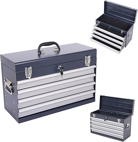 Caja de herramientas de metal portátil con 4 cajones, baúl de herramientas de acero de 21 pulgadas con almacenamiento superior, bloqueo automático y