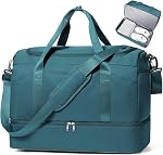 45L Grand sac de semaine pour les femmes, sac de voyage avec compartiment de chaussures, porter le sac de nuit avec la poche humide améliorée & Manches de chariot - Bleu de paon
