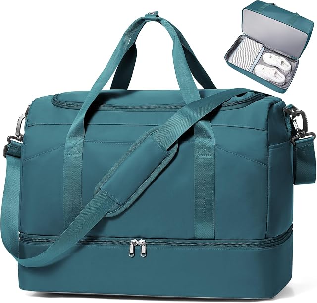 45L Grand sac de semaine pour les femmes, sac de voyage avec compartiment de chaussures, porter le sac de nuit avec la poche humide améliorée & Manches de chariot - Bleu de paon