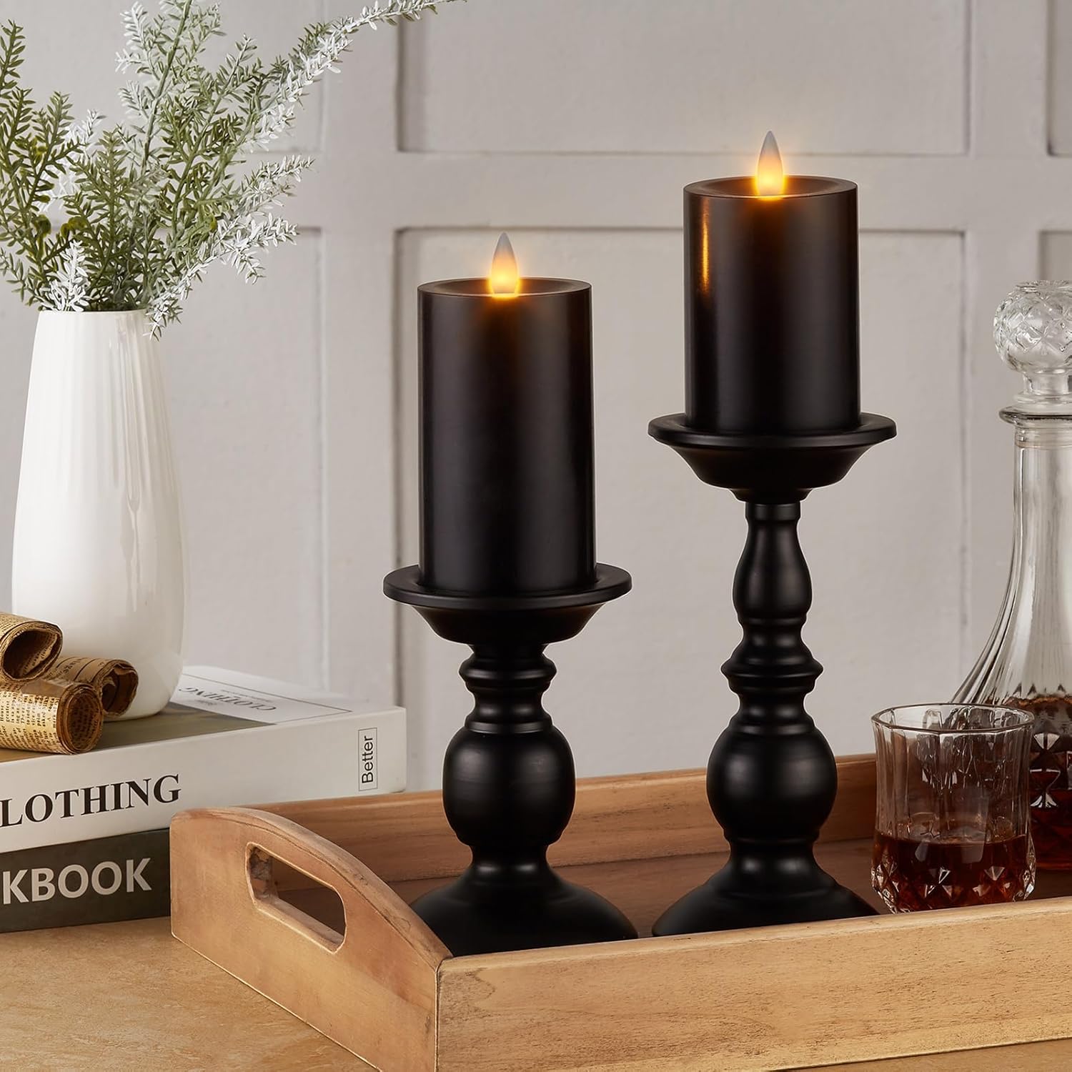 Flameless Pillar Candles Flickering with Remote Timer, Battery Operated LED Candles Up to 400 Hours, 3D Moving Flame Real Wax Candles. (Black)