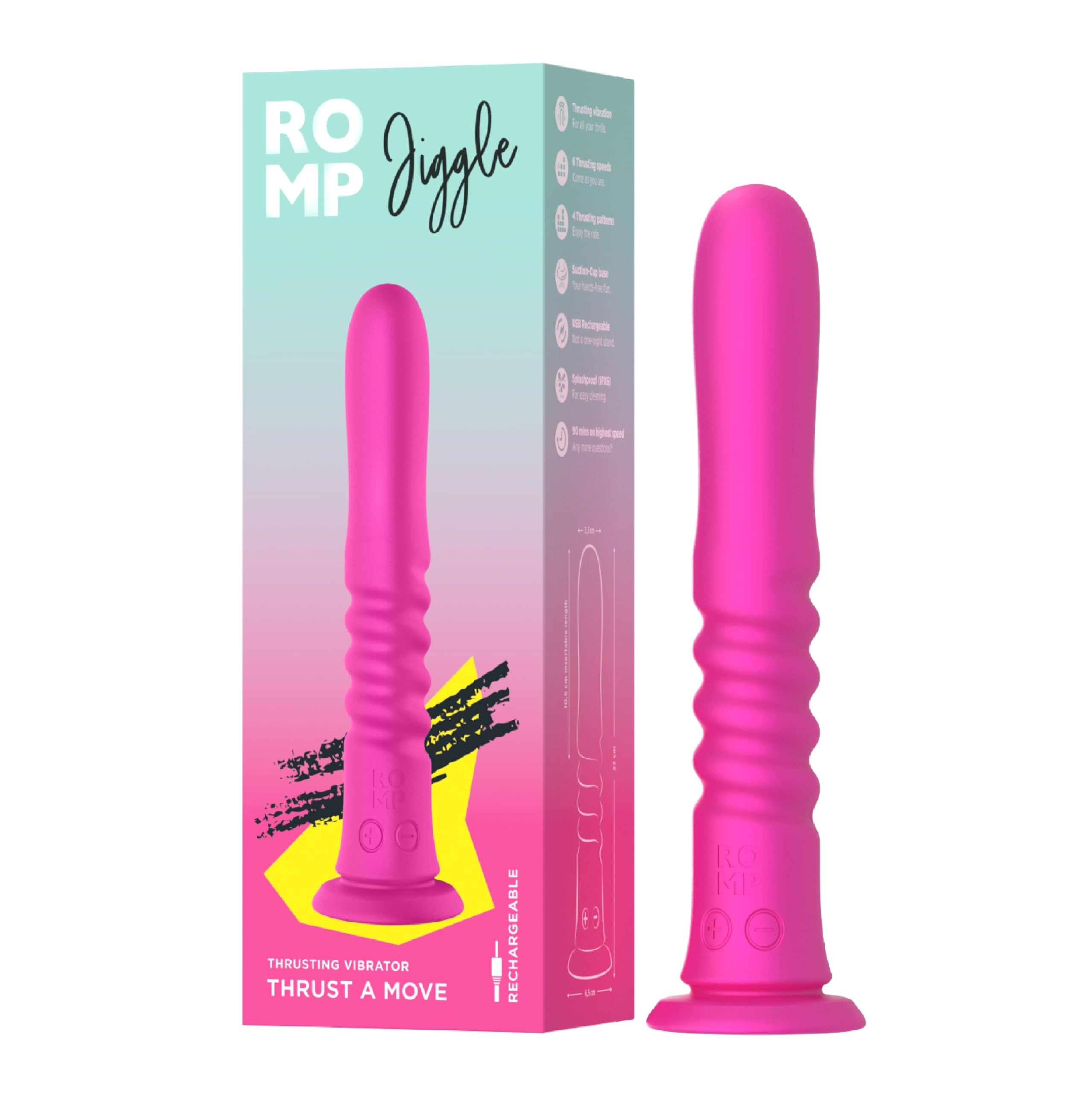 ROMP Jiggle Consolador Vibrador con Empuje para Mujer | Juguete Sexual con Ventosa Fuerte | 6 Intensidades y 4 Patrones | Silicona Recargable Resistente al Agua | Placer Manos Libres
