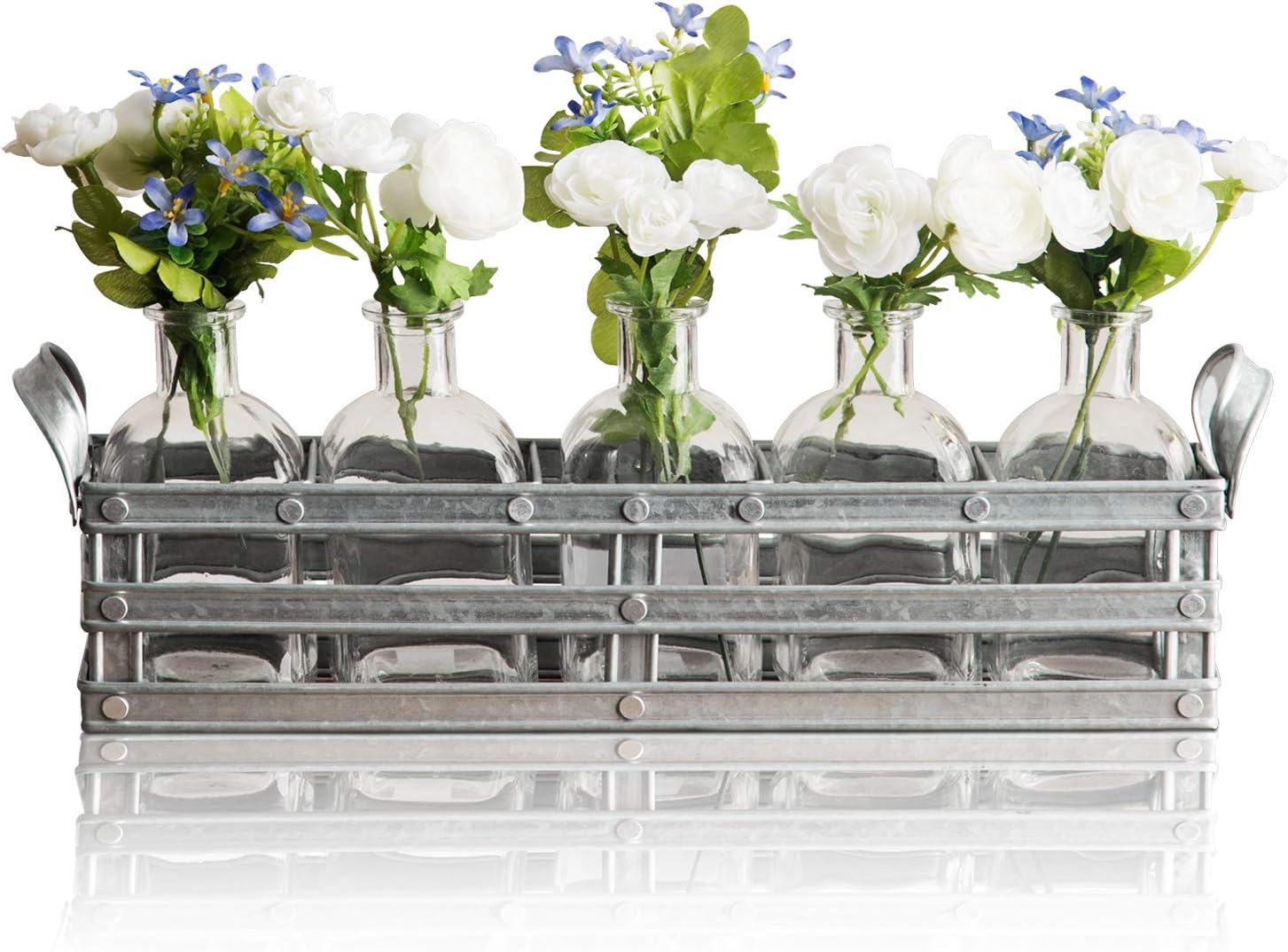 Bud Flower Vases with Galvanized Holder - 5-Piece Set of Clear Glass Bottles for Home Decor, Window-Sill Display, Decorative Storage, Party or Wedding Centerpiece