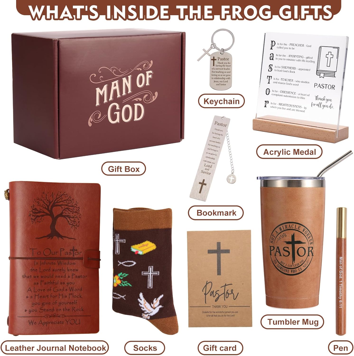 Pastor Appreciation Gifts for Men Christian Pastor Gifts Unique Pastor Gift for Pastors Including Leather Journal Tumbler Keychain Socks Acrylic Medal Pen Bookmarks Card for Birthday Christmas - Image 2