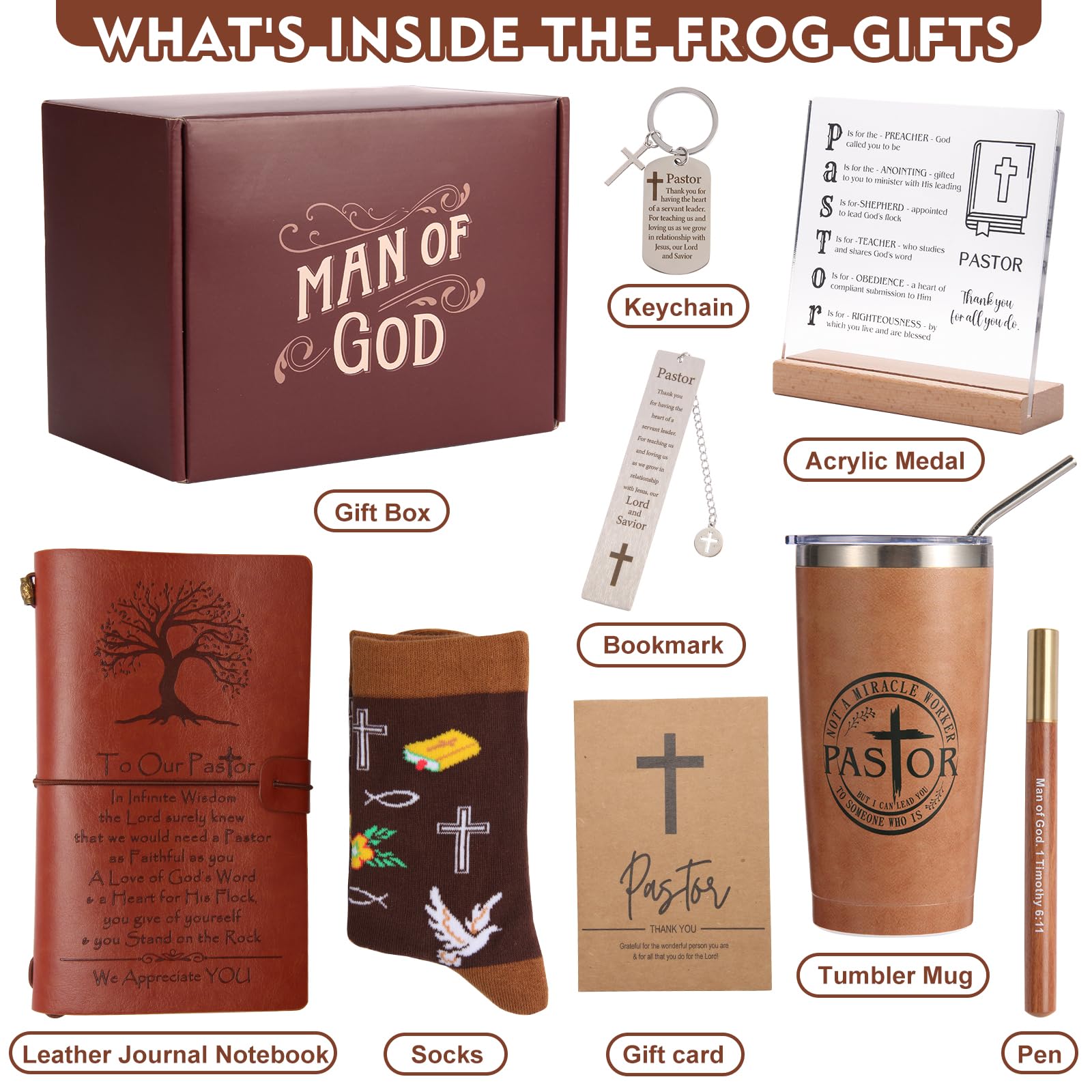 Pastor Appreciation Gifts for Men Christian Pastor Gifts Unique Pastor Gift for Pastors Including Leather Journal Tumbler Keychain Socks Acrylic Medal Pen Bookmarks Card for Birthday Christmas