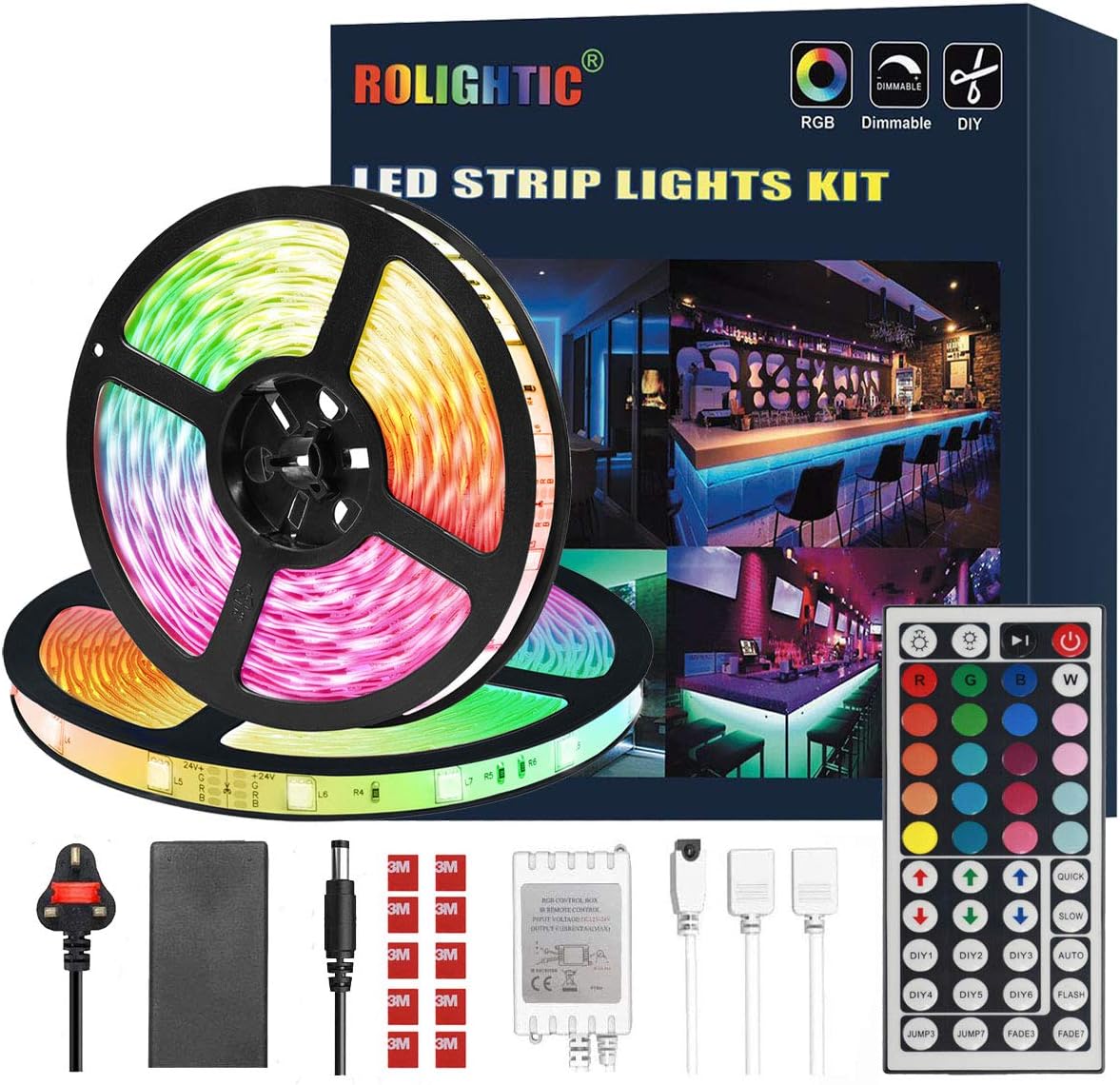 RoLightic RGB Led Light Strip Kit,10M 5050 300LEDs,DC 12V Waterproof Led Strip Lights with 44Key Remote Controller and Power Adapter for Home,Kitchen,Bedroom,Cabinet,Backlight and More