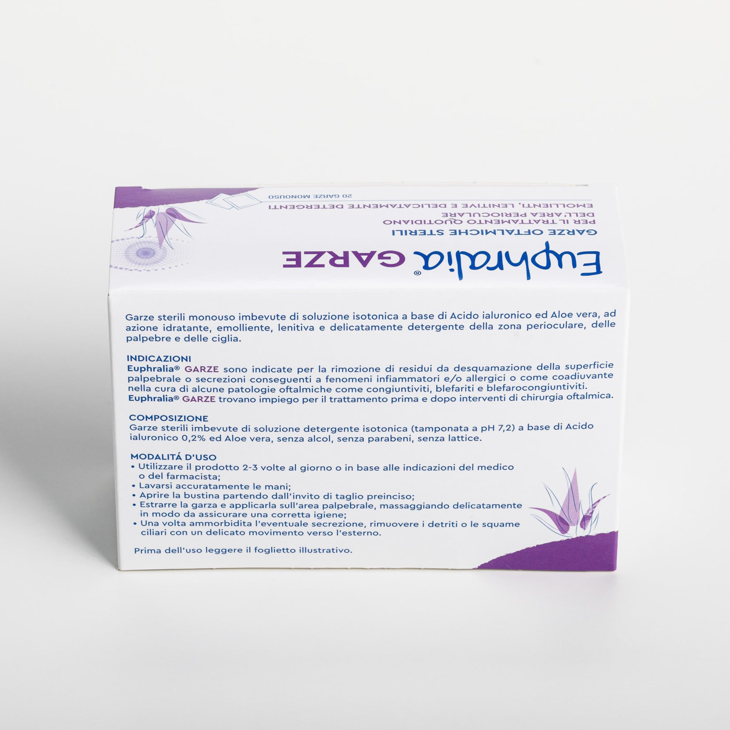 Euphralia Garze - Garze Oftalmiche Sterili, Monouso, Pulizia Occhi Infiammati e Allergici, Azione Detergente, Idratante e Lenitiva, con Acido laluronico e Aloe Vera - 2 Confezioni da 20 (2x20)
