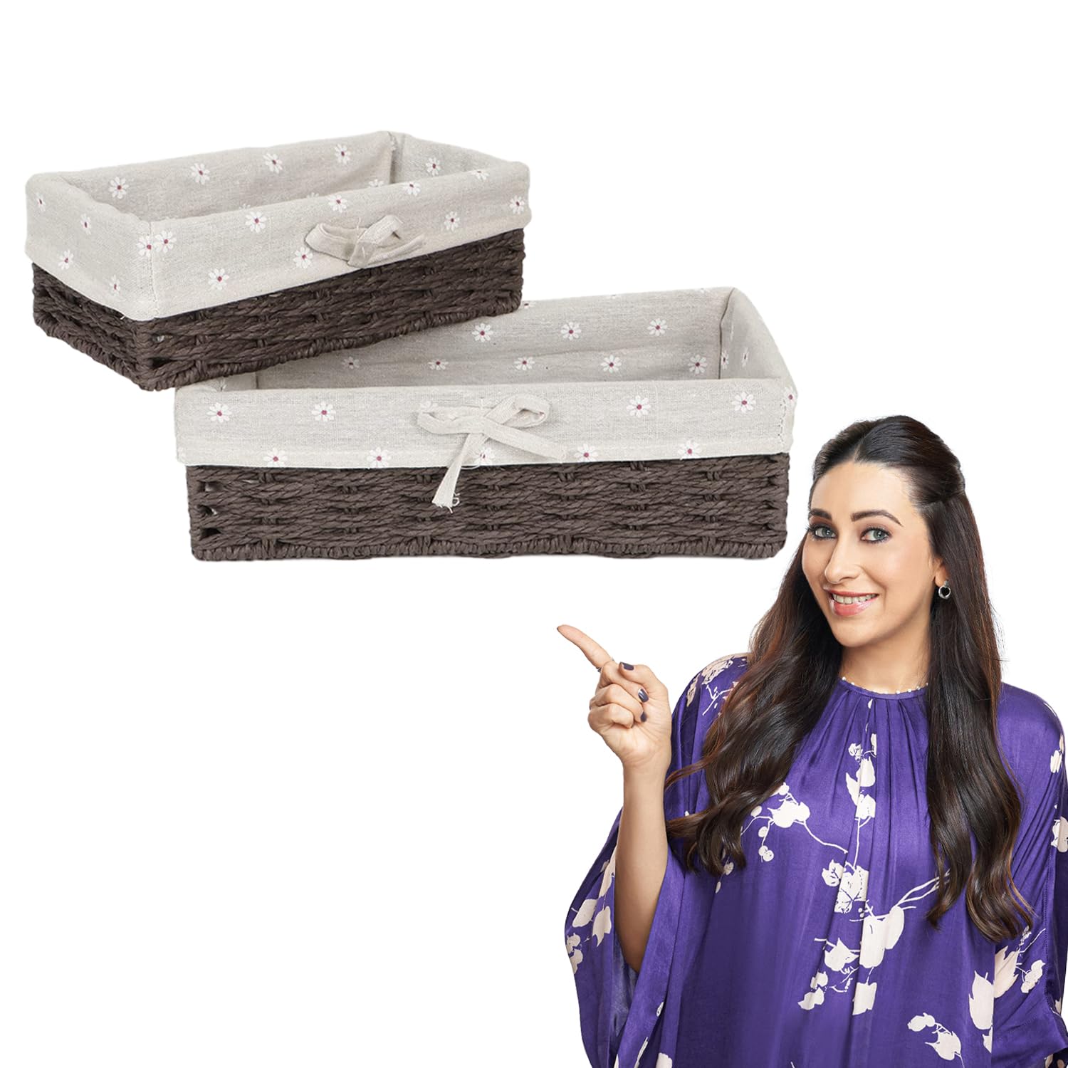 HOKIPO Eco-Friendly Handwoven Paper Weave Wicker Oval Basket For Home, Office, Wardrobe. Pack Of 2, Brown (Ar-3909-Br)