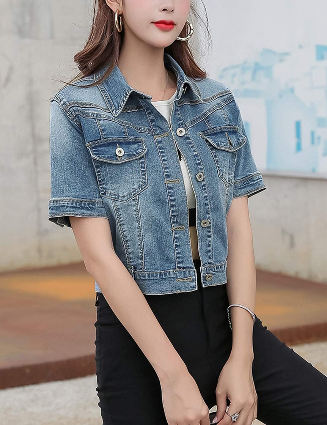 Omoone Women's Summer Short Sleeve Crop Denim Trucker Jacket Jean Coat Tops - Image 3