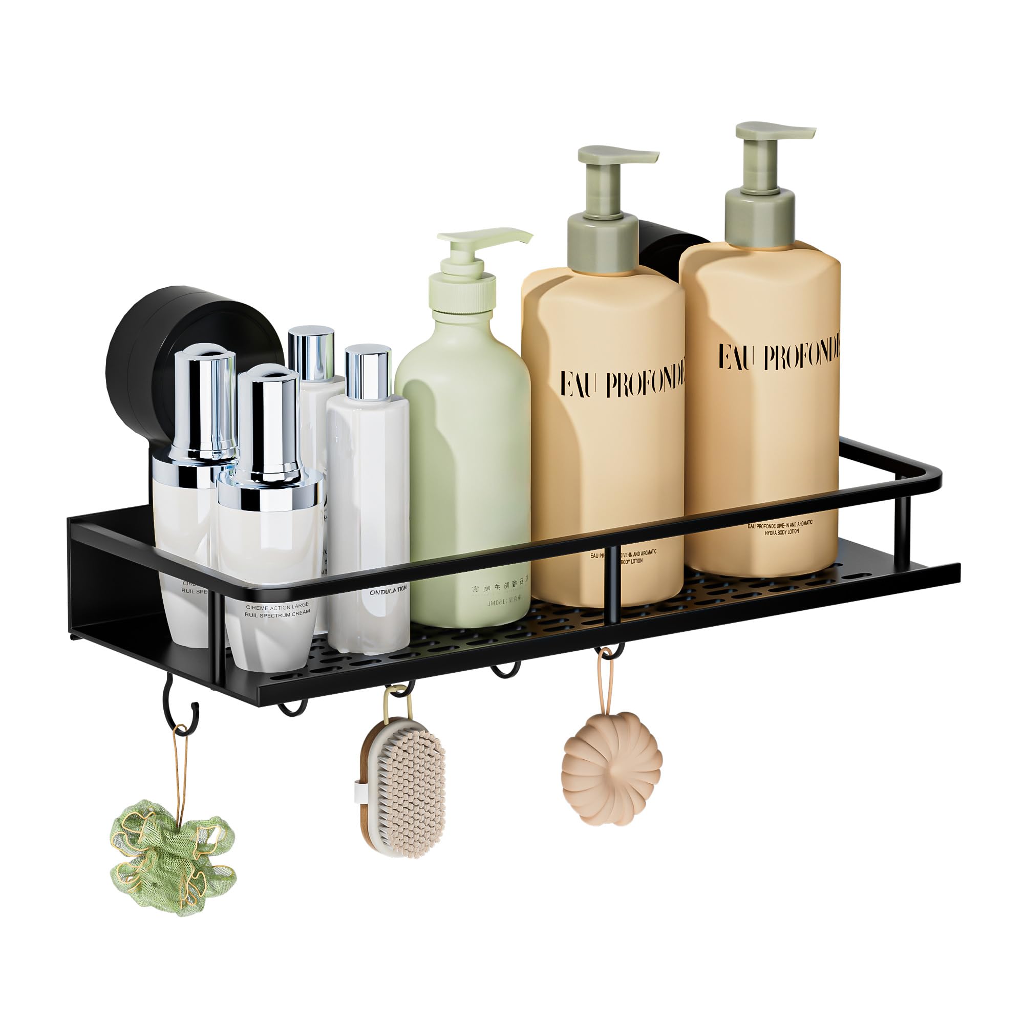 Wisfame Rustproof Shower Caddy Suction Cup,No Drilling Max Hold 10KG Bathroom Shelf with 5 Hooks,Removable Waterproof Bathroom Basket Storage Organizer for Shower Accessories - Black