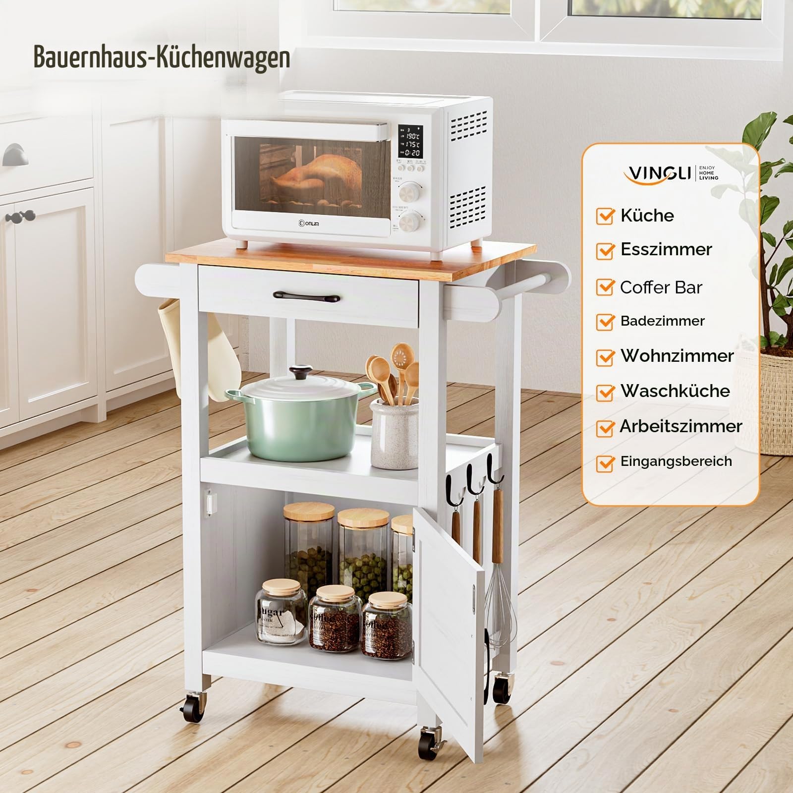 Bonnlo Servierwagen mit Rollen, Küchenwagen mit Arbeitsplatte und Schubladen, Scheunentor-Design in Schwarz, Holzrelief, Metallgriff & Gummibaum-Platte, 74x63x89cm (Weiß)