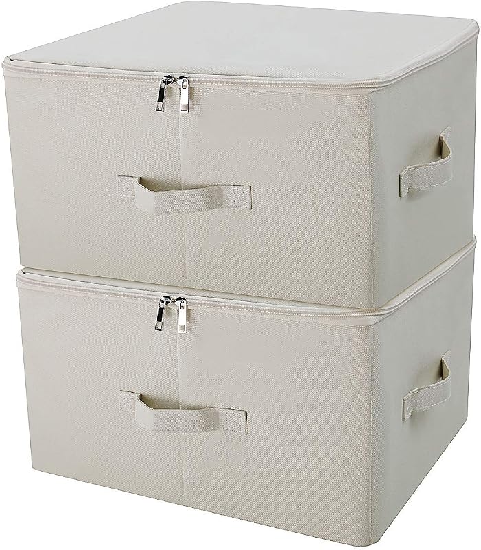 Sturdy Fabric Storage Bins with Lid, Shelves Clothes Storage Cubes,Set of 2 | versatile storage for seasonal clothes/ blankets/duvets, folding Space-Saving Design,3-side opening, Removable bottom board