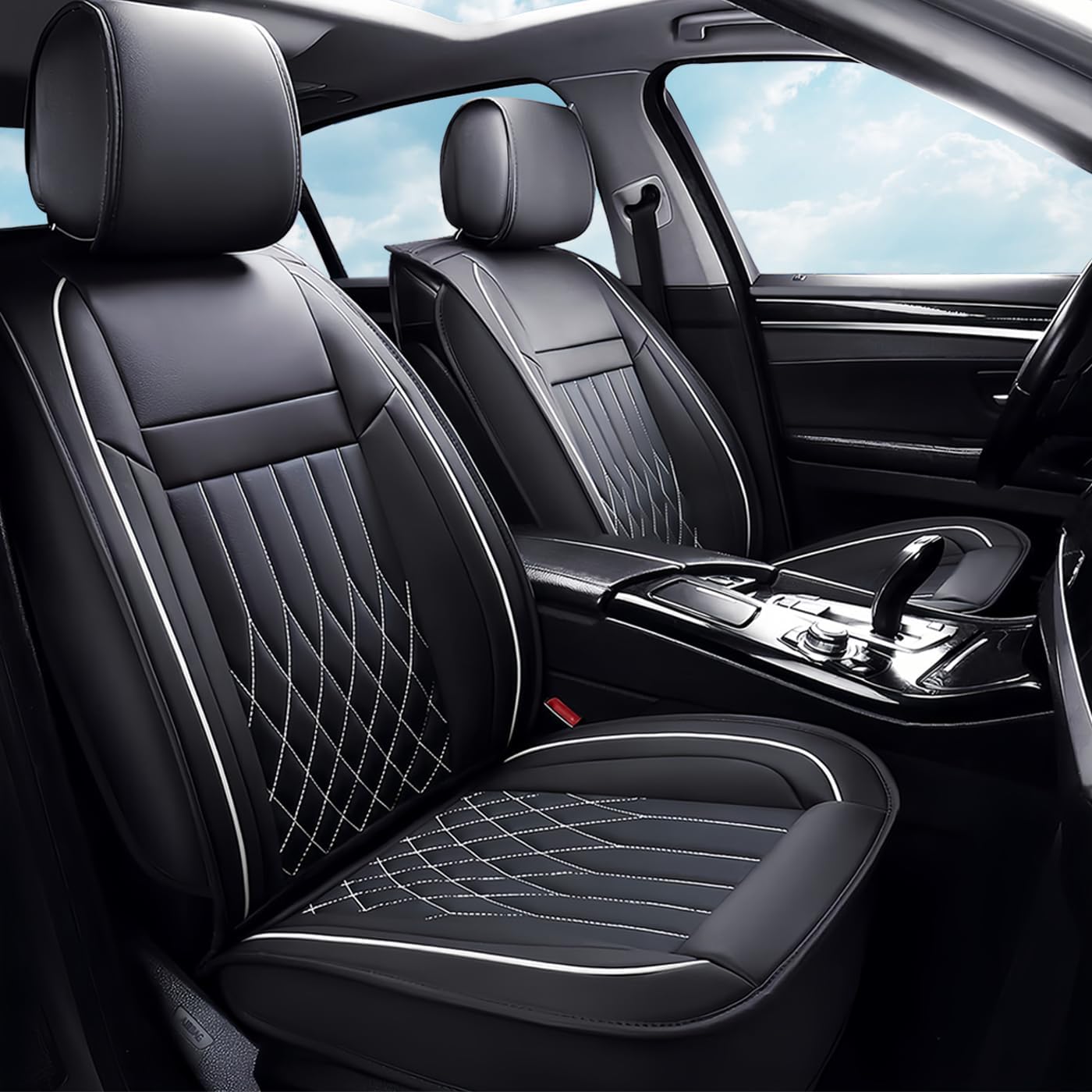 Car Seat Covers for Mercedes-Benz Sprinter 2010-2025 | Waterproof Breathable Faux Leather Cushions Anti-Slip Seat Covers （Black White, Front Set