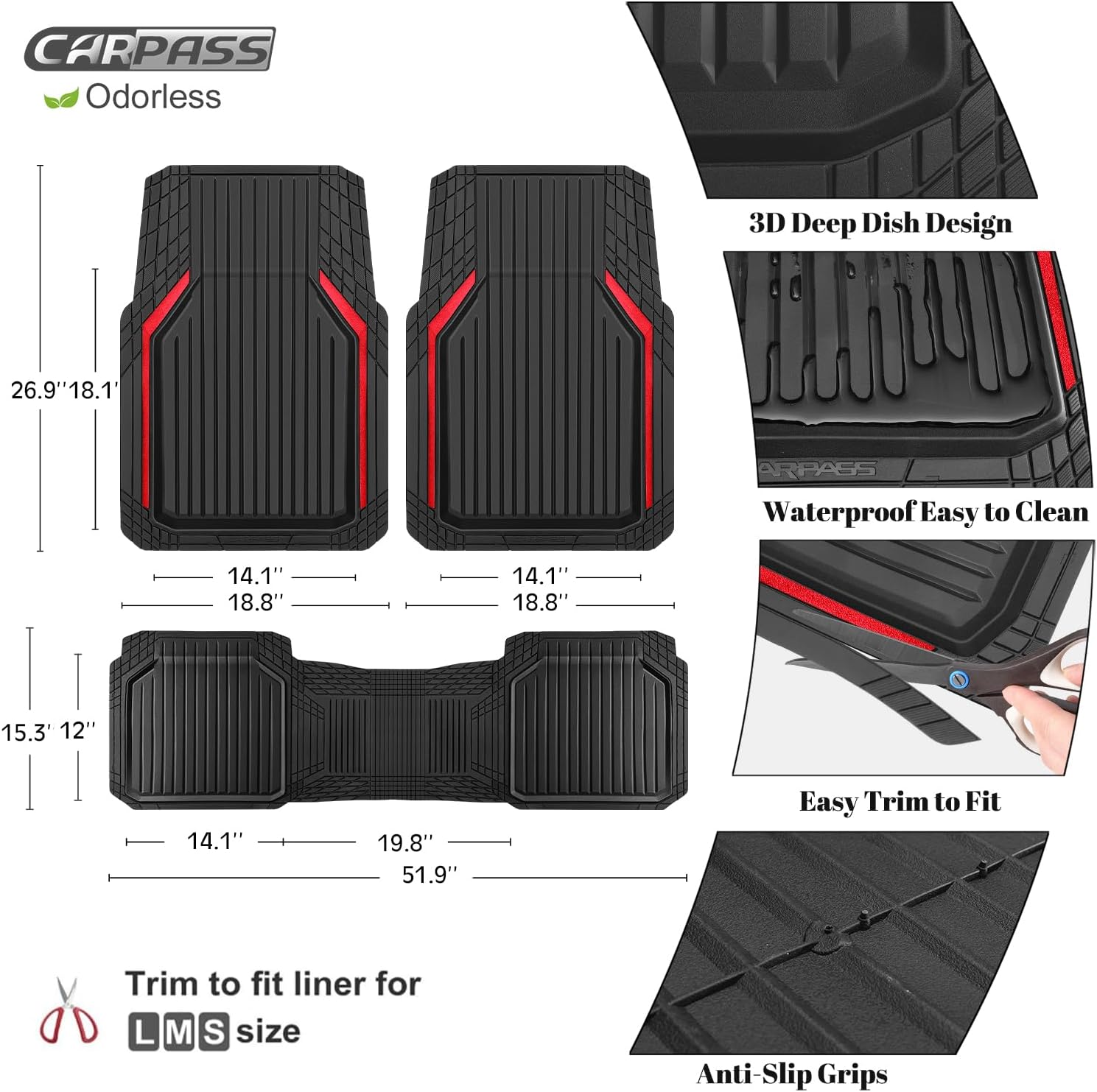CAR PASS Heavy Duty Rubber Floor Mats for Car, Waterproof Liner Deep Dish Car Mats Full Sets, Universal Trim to Fit for SUV Truck Sedans Vans, All Weather Automotive Floor Mats 3pcs, Black Red - Image 3