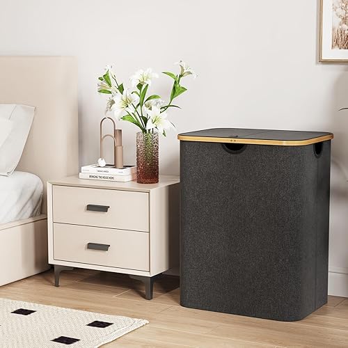 Miniatura 185 de Lifewit Cesta grande de 100 litros con tapa para ropa con asas de bambú y bolsa extraíble, plegable para dormitorio, baño, residencia universitaria