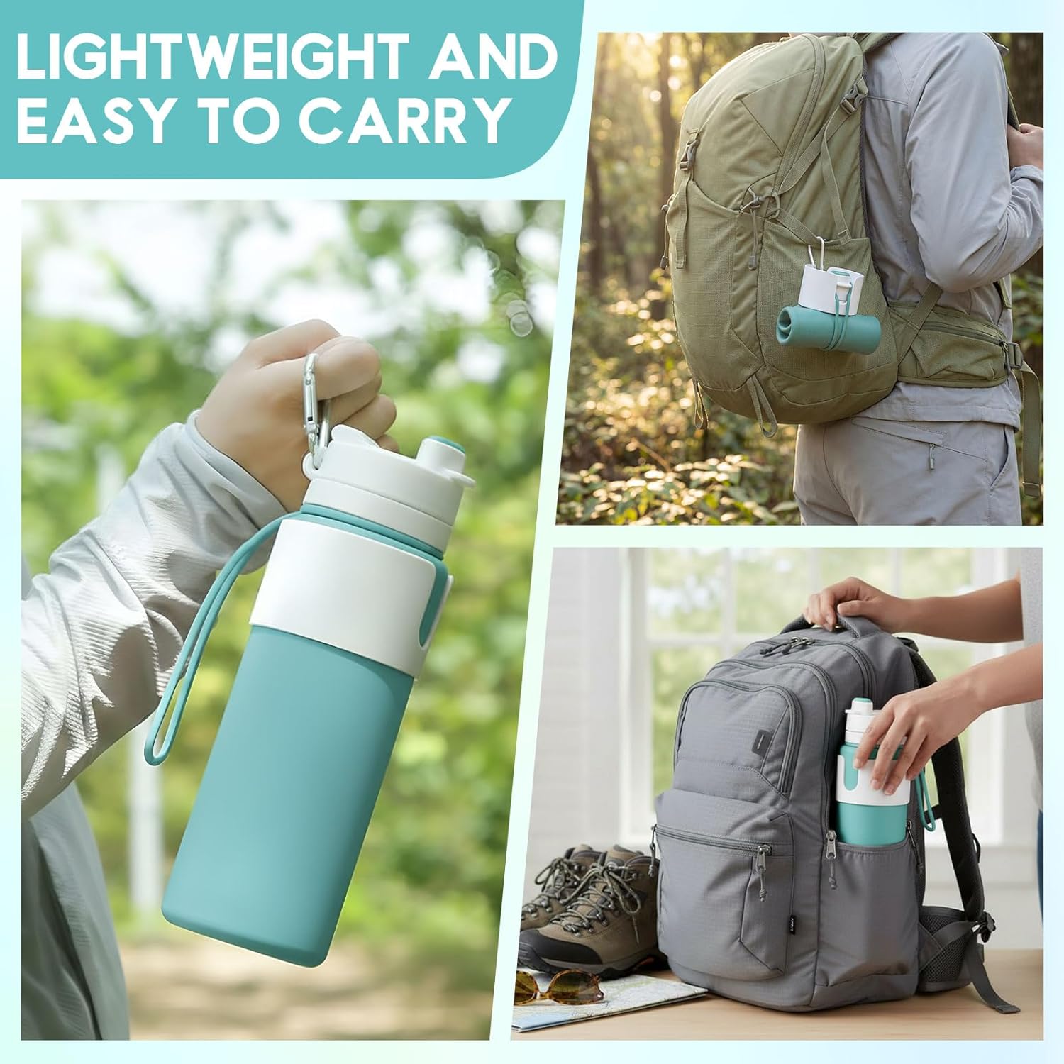 LemonRoad 4 Pcs 26 oz Silicone Collapsible Water Bottle, Portable Foldable Water Bottle Leakproof with Carabiner Reuseable Lightweight for Travel Sports Hiking Camping Cycling Office (Green)