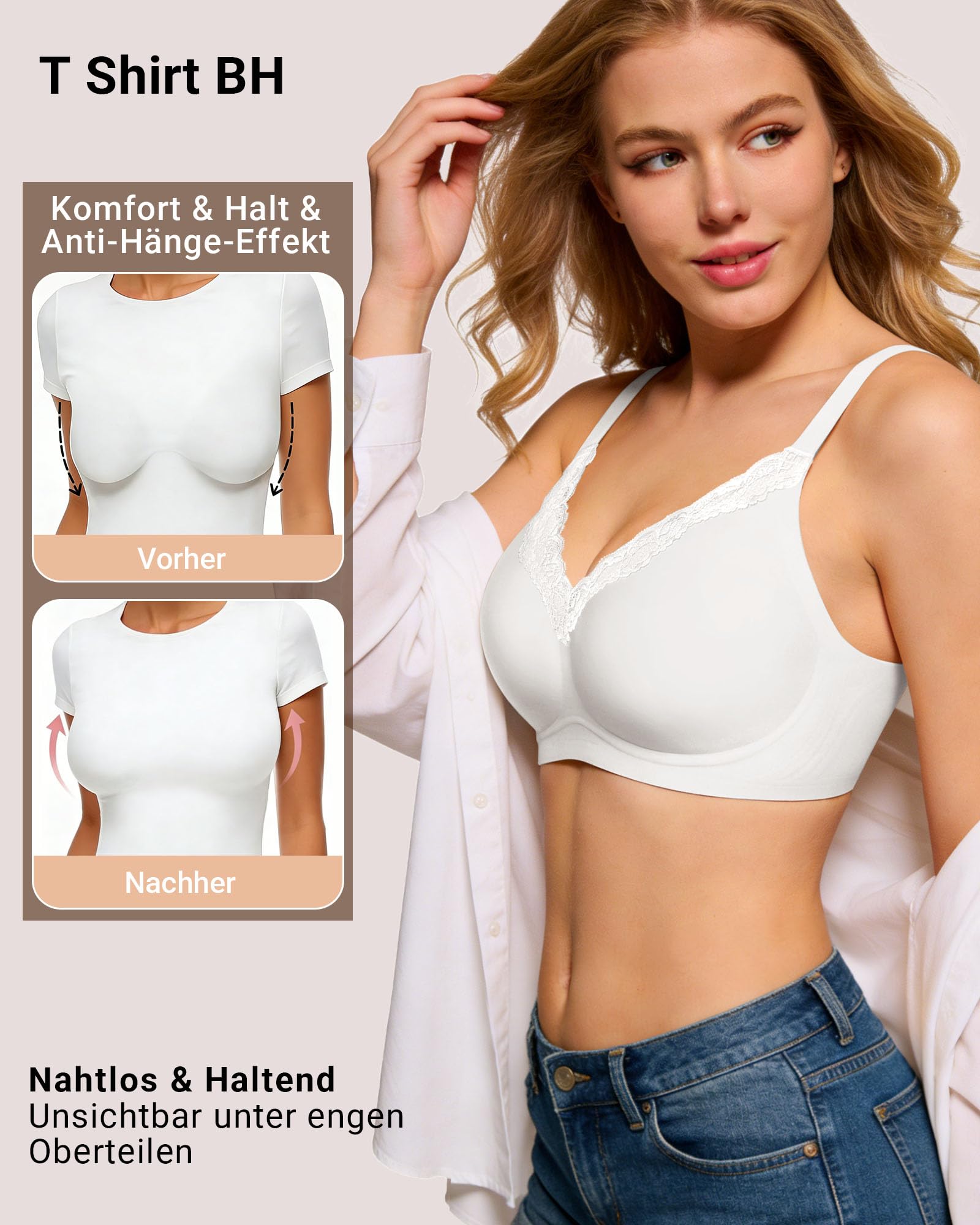 HORISUN Soutien-Gorge sans Armatures avec col en V et Bordure en Dentelle, Maintien Doux, Bretelles Larges et Ailes latérales, Soutien-Gorge t-Shirt sans Coutures pour Femme