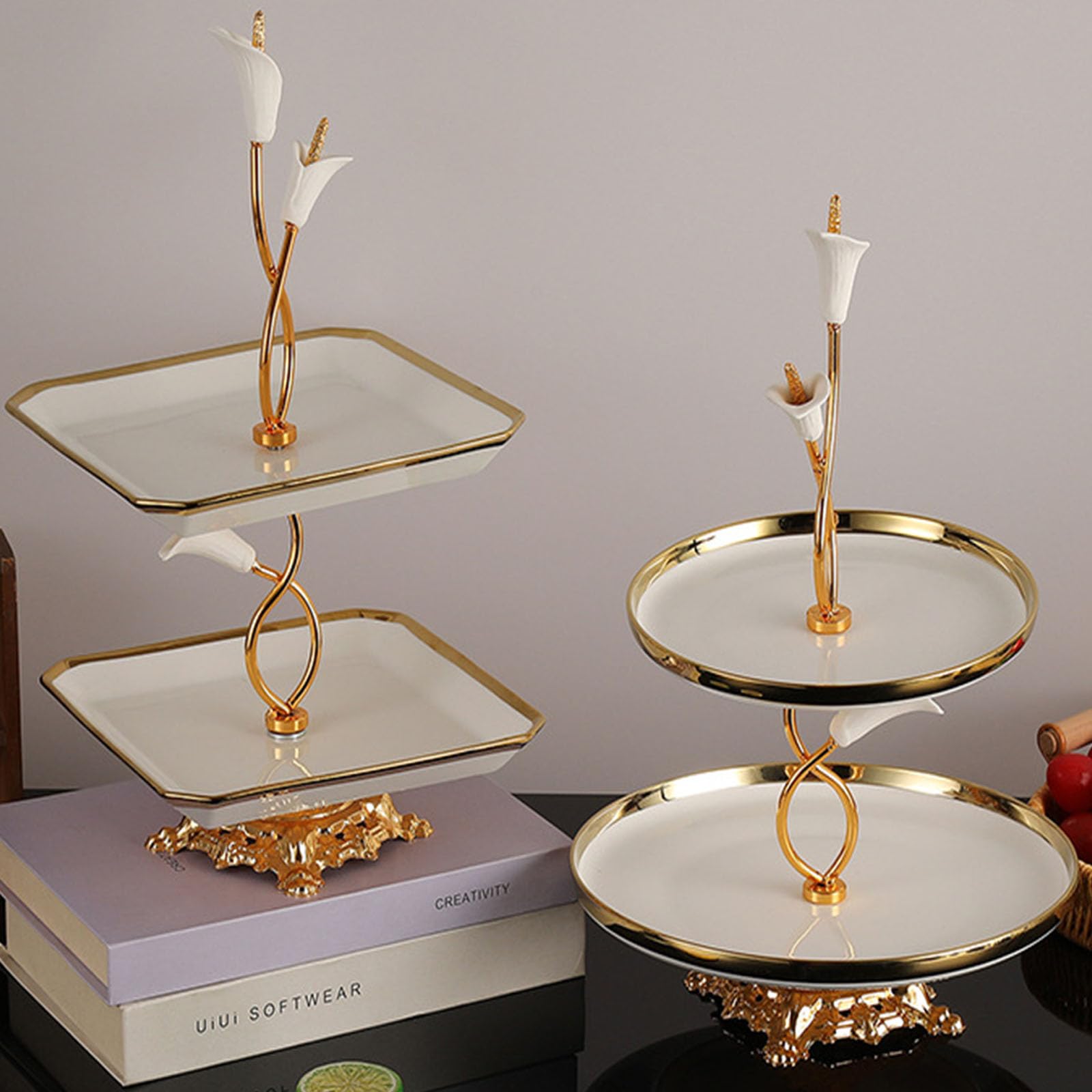Soporte para Magdalenas de 2 Niveles, Bandeja para Servir postres en Niveles de cerámica Blanca con Bordes Dorados, Expositor de, Soporte de té para para Servir Postre de Boda