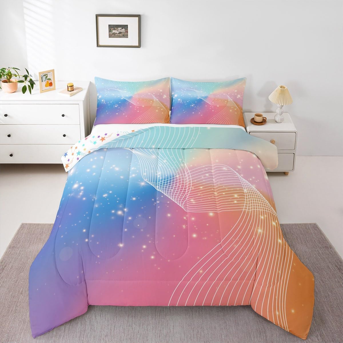 Castle Fairy Colorful Bowknot Lines Toddler Bedding Set 2 Pcs,Polka Dots Hand Drawn Style Graffiti Comforter Set for Kids Girls Teens,Cartoon Bow Tie Decor Hippie Quilted Comforter with 1 Pillowcase
