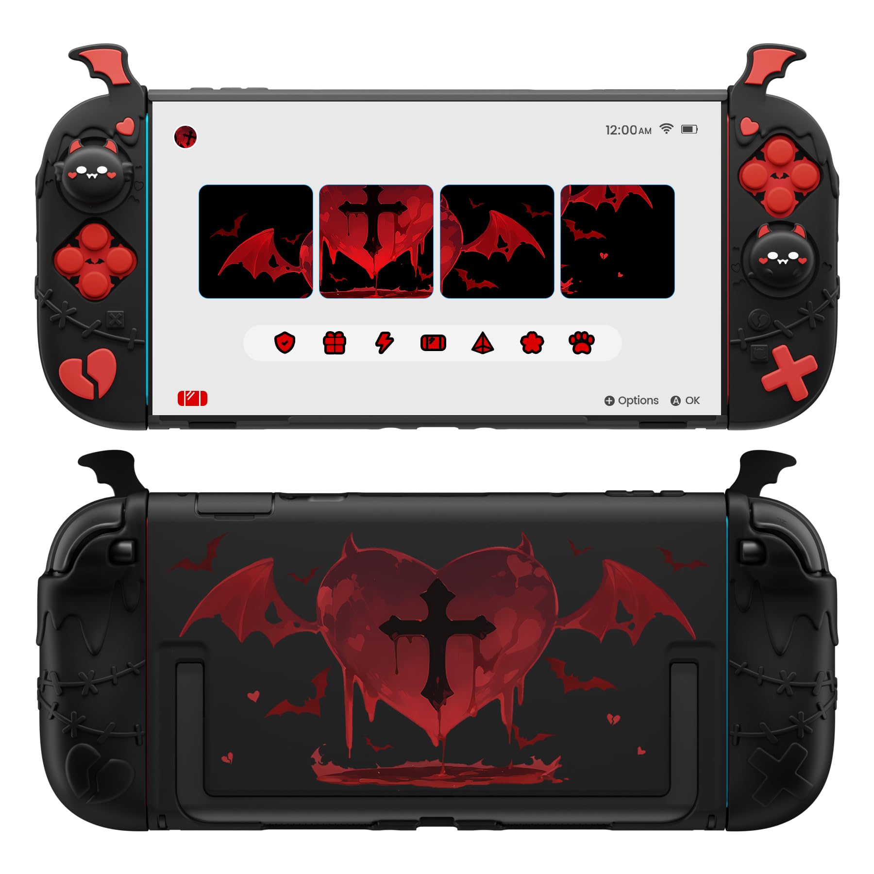 PlayVital Protective Case for Nintendo Switch 2, Kawaii Gothic Imp Series Silicone Grips + Dockable Hard Case Shell for Switch 2 with Thumb Grips & Sticker, Shockproof Protection Cover - Black - 2
