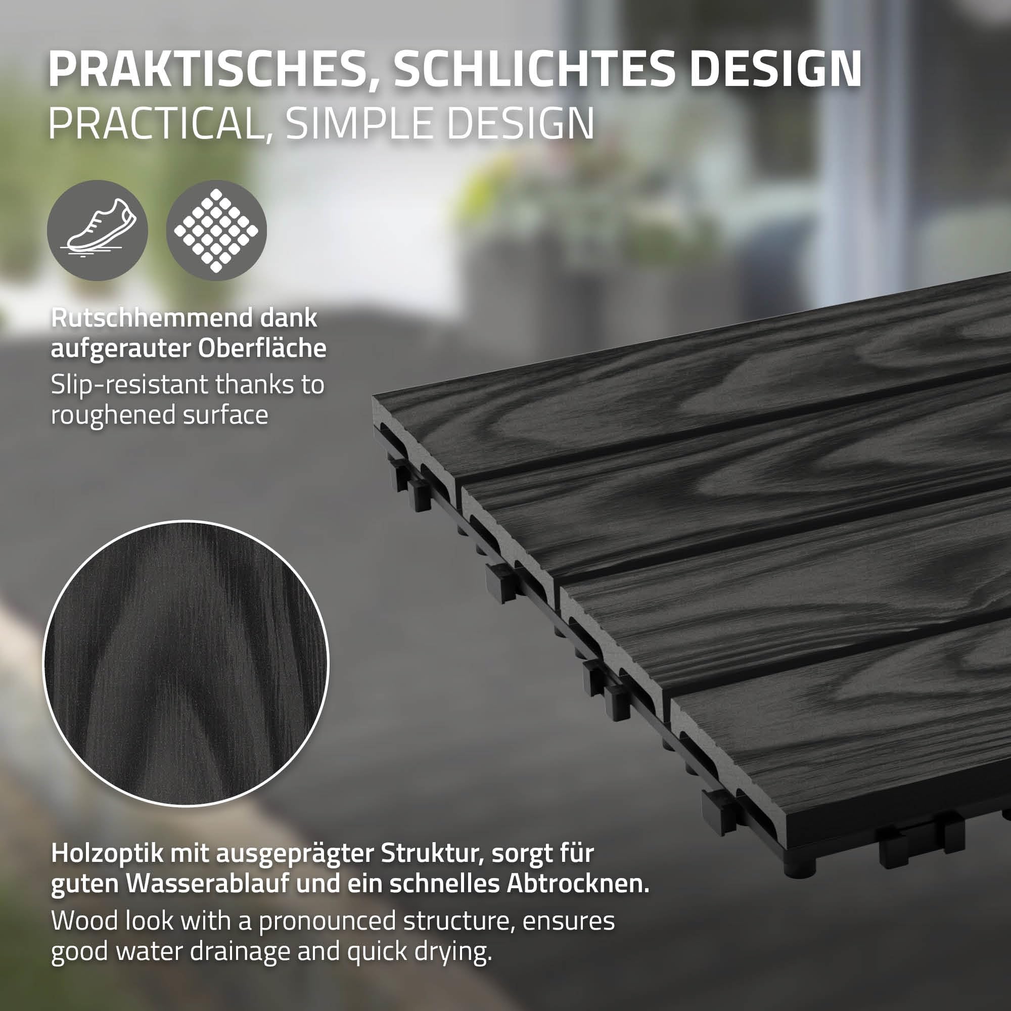 ECD Germany Baldosas de Patio WPC de 30x30 cm 11 Piezas para 1m² Aparencia de Madera Antracita con Sistema de Drenaje e Instalación Mediante Clic, Losa Aspecto Tabla de Leña para Terraza y Balcón