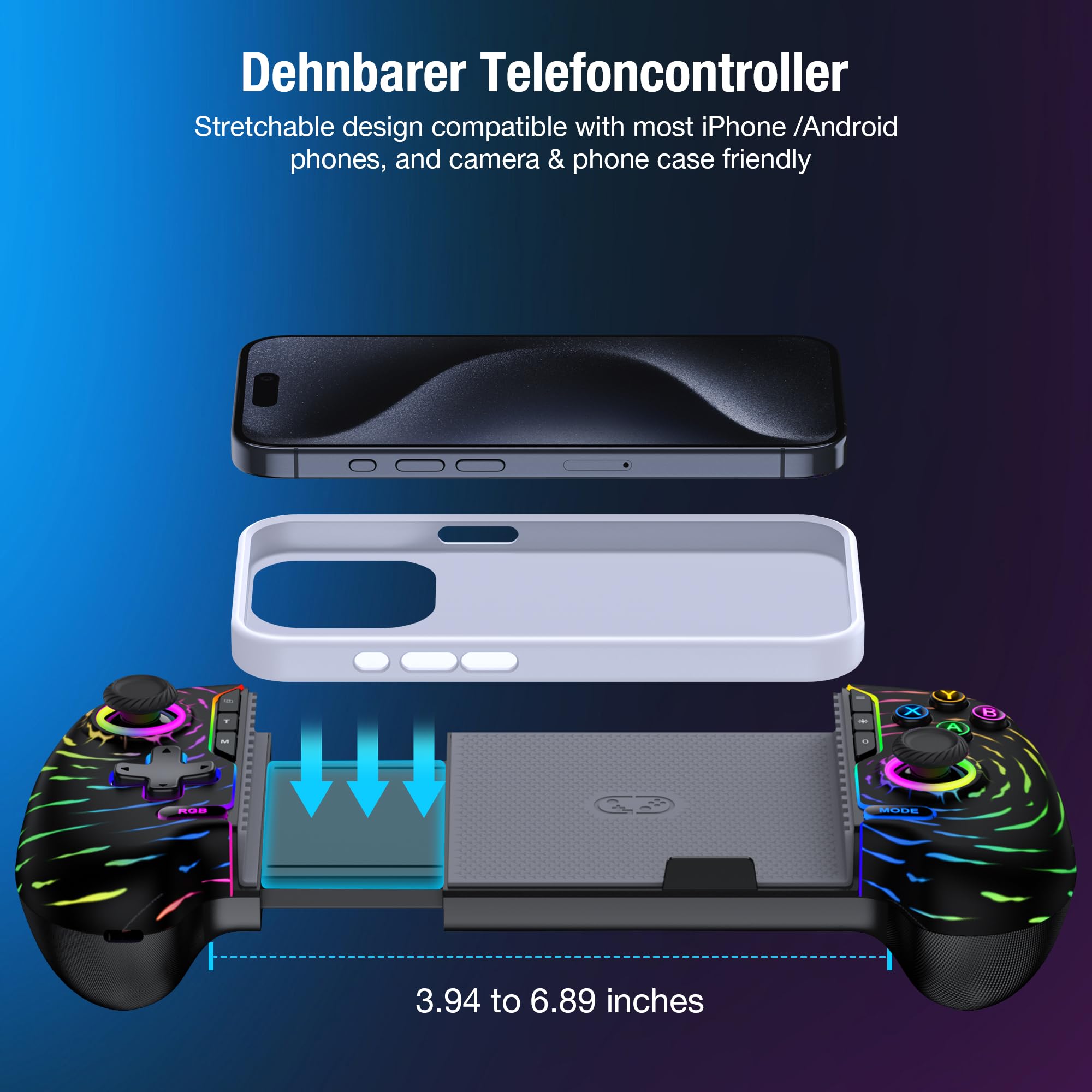 Controller da gioco mobile per iPhone e Android, controller per telefono per Xbox/Steam/GeForce Now/MFi Apple Arcade/Roblox/Minecraft, controller wireless per giochi telefonici con effetto Hall/RGB