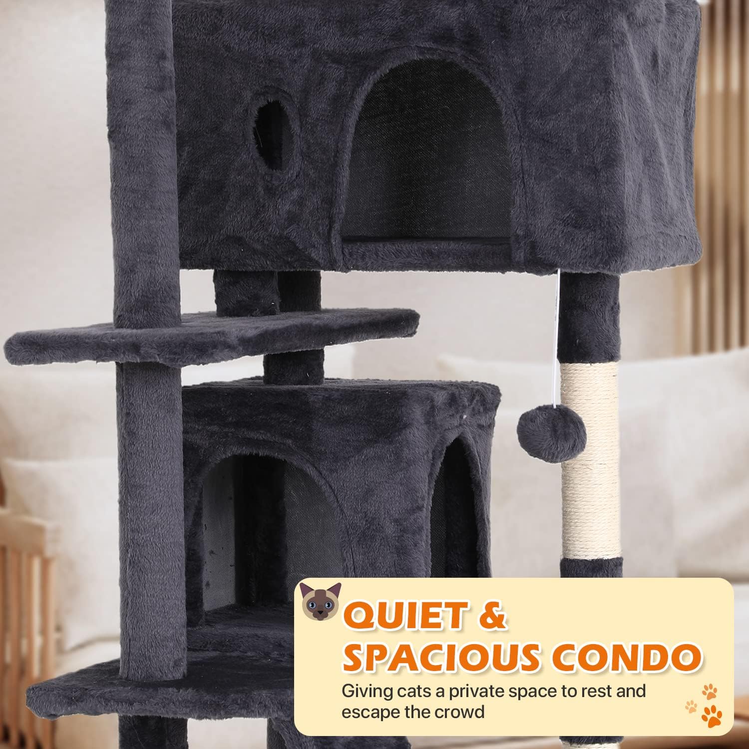 70 Inch Light Gray Cat Tree, Tall Cat Tower with 2 Condos, 3 Scratching Posts, Multi-Level Platforms - Sturdy Climbing Structure Tall Cat Tower for Indoor Cats