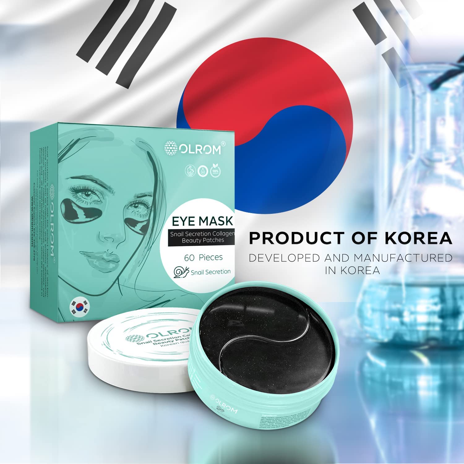 Olrom Korean Skin Care Depuffing Eye Patches: 60-Pack of Hydrating Under Eye Masks with Collagen & Snail Secretion for Dark Circles & Under Eye Puffiness : Beauty & Personal Care
